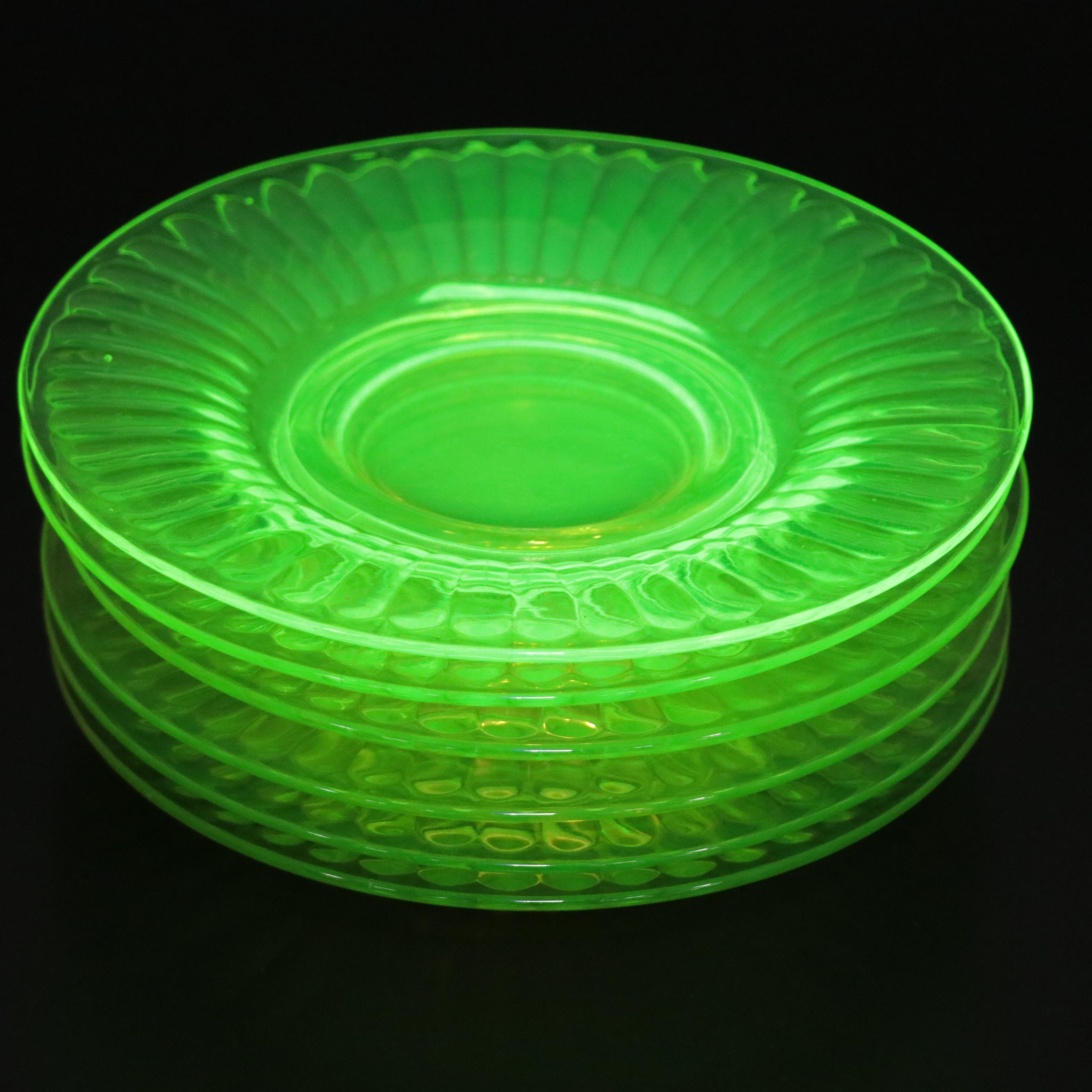 Uranium Glass Plates with Other Green Glass Ruffled Vase