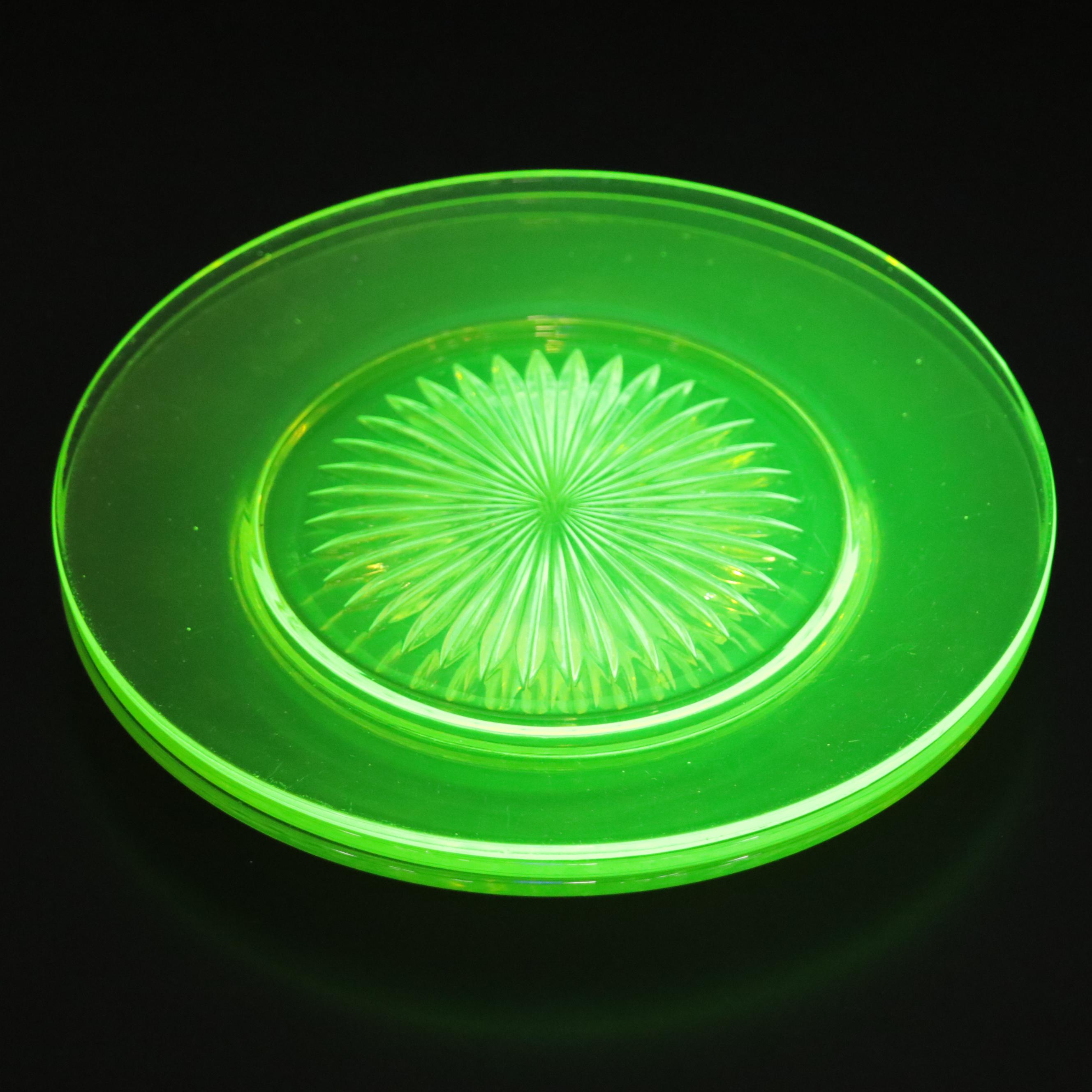 Uranium Glass Plates with Other Green Glass Ruffled Vase