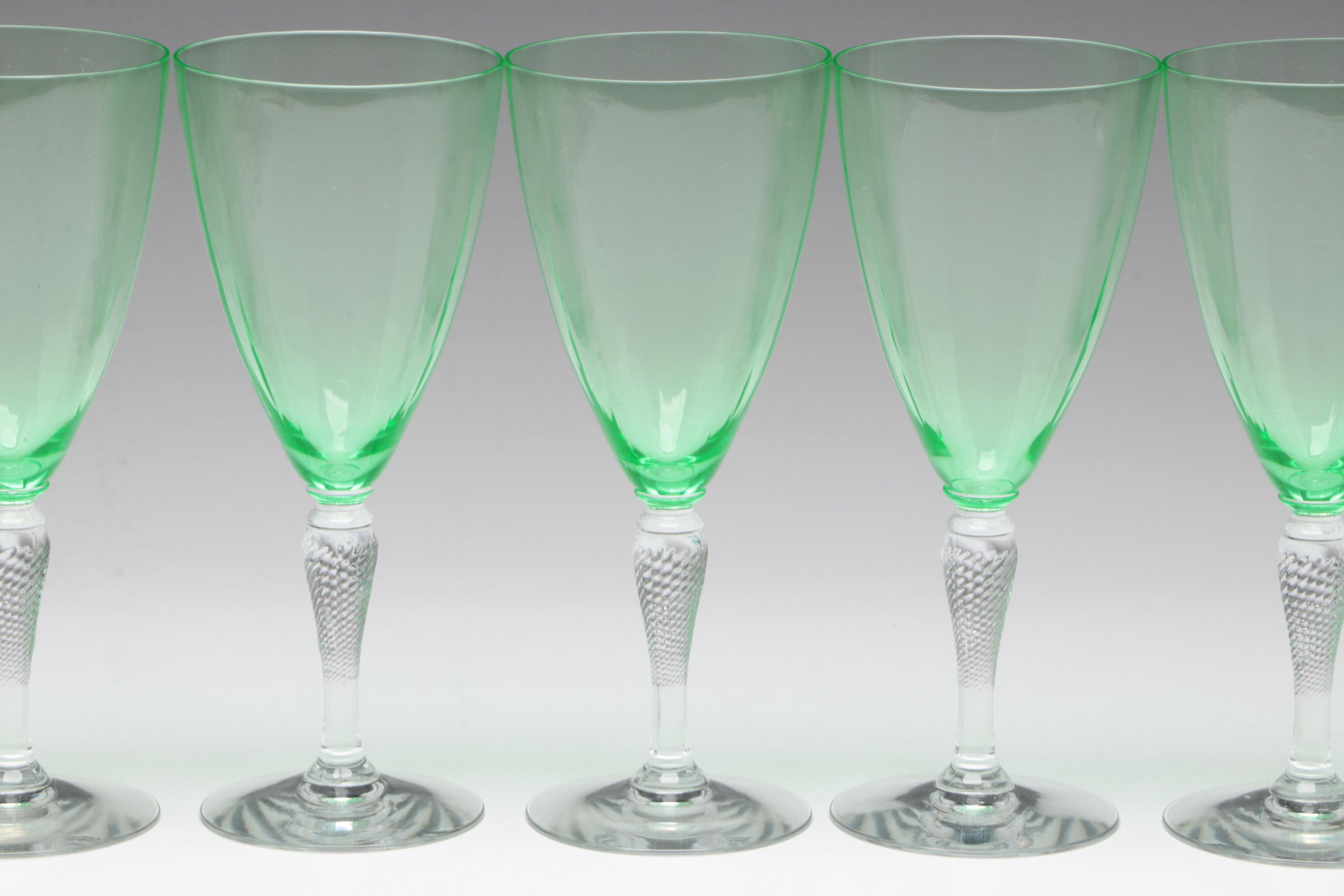 Fray Optic Glass Water Goblets with Green Bowls and Clear Twist Stems