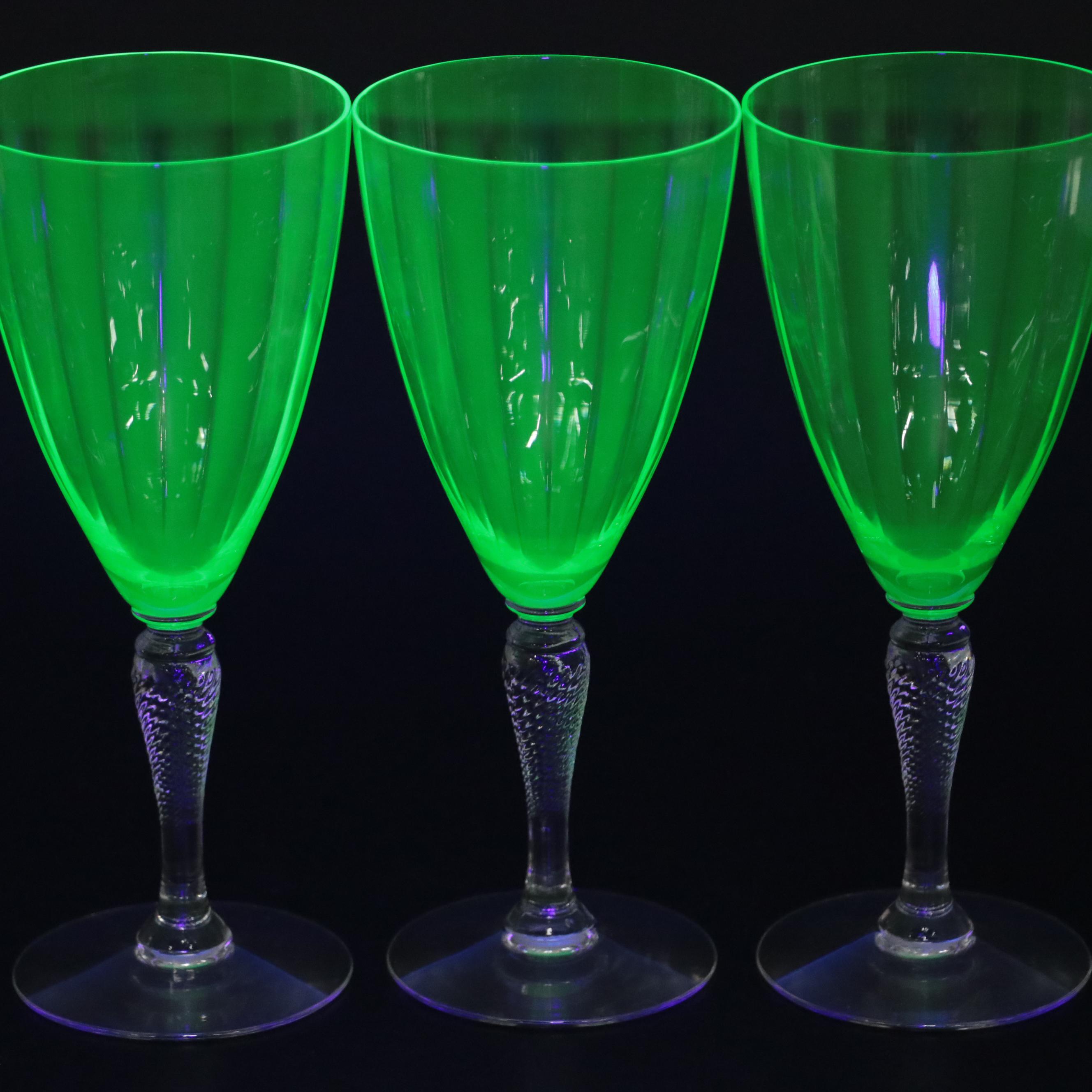 Fray Optic Glass Water Goblets with Green Bowls and Clear Twist Stems