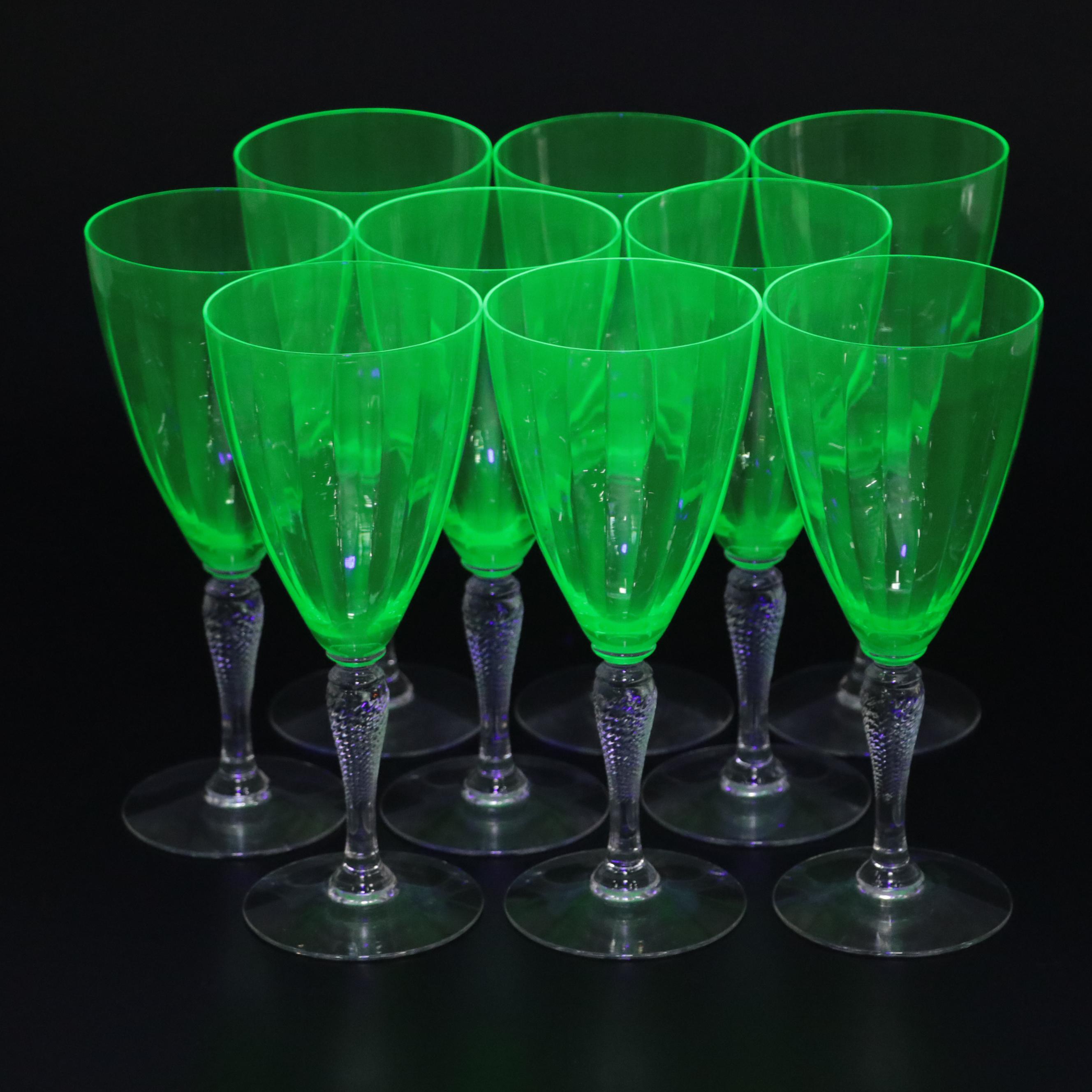 Fray Optic Glass Water Goblets with Green Bowls and Clear Twist Stems