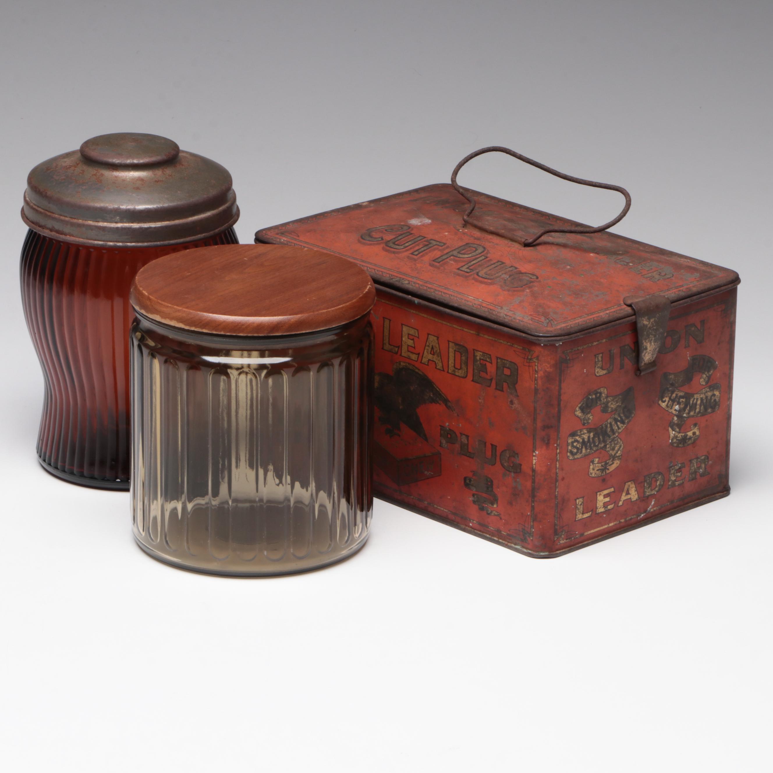 Union Leader Cut Plug Tobacco Tin with Other Mid-Century Humidor Jars