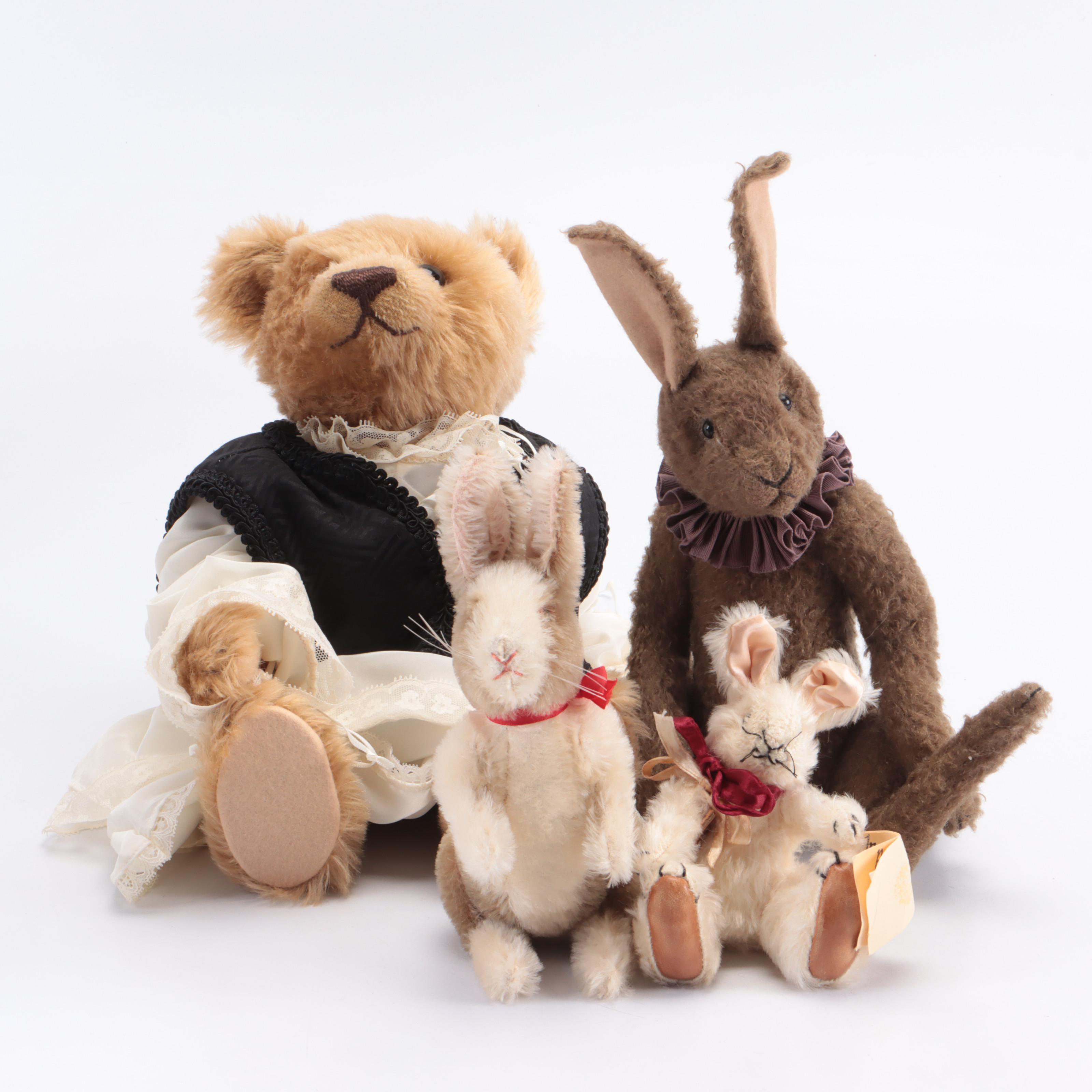 Steiff "Schnuffy Bear" Teddy Bear with Other Stuffed Rabbit Figures, 1980s