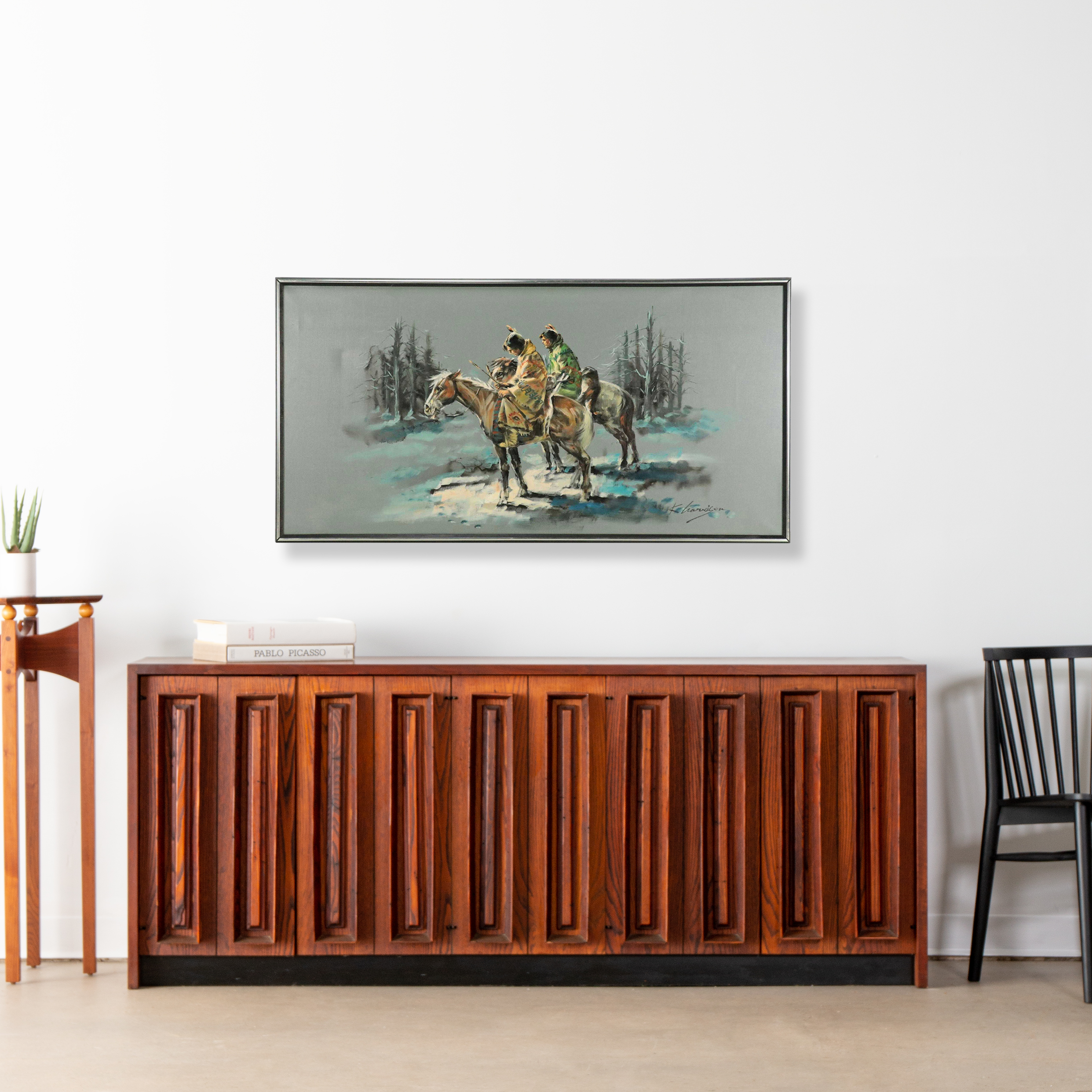 K. Harrison Oil Painting of Native American Figures on Horseback