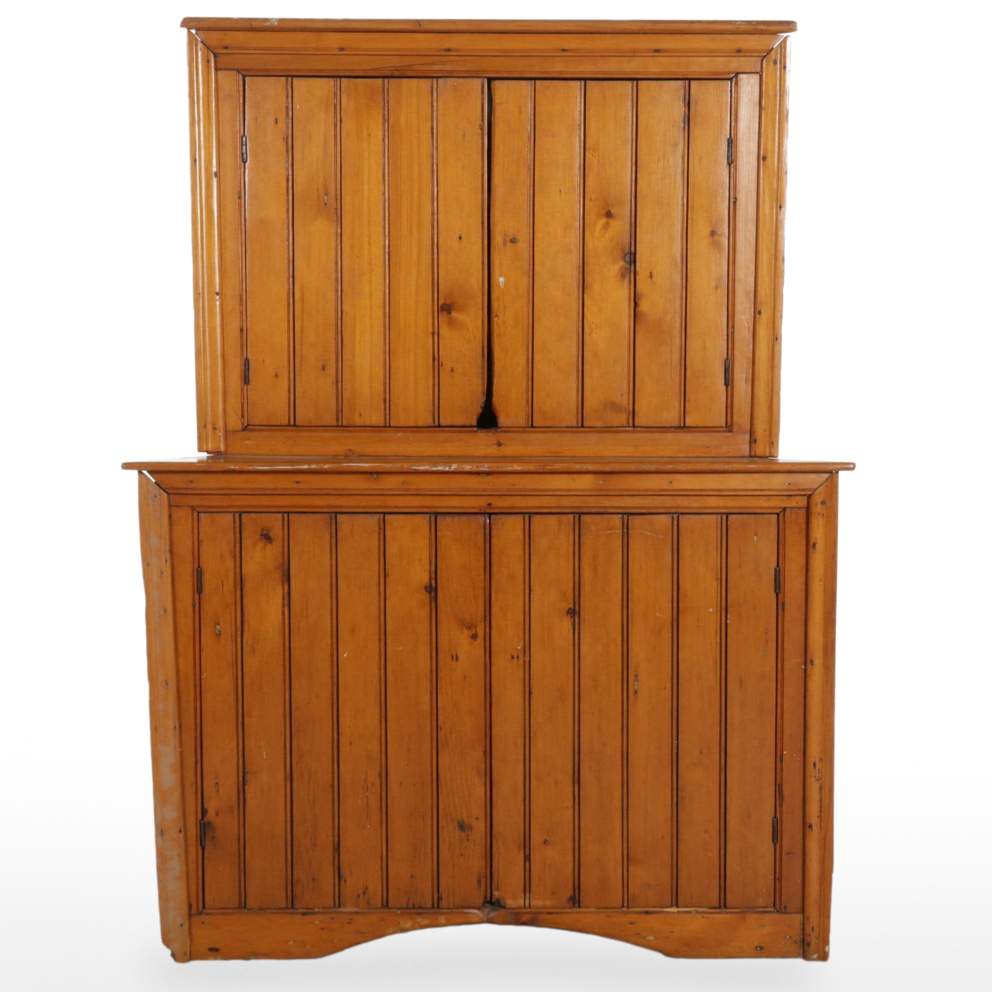 American Primitive Parcel-Painted Pine Wainscot Cabinet-on-Cabinet, 19th Century