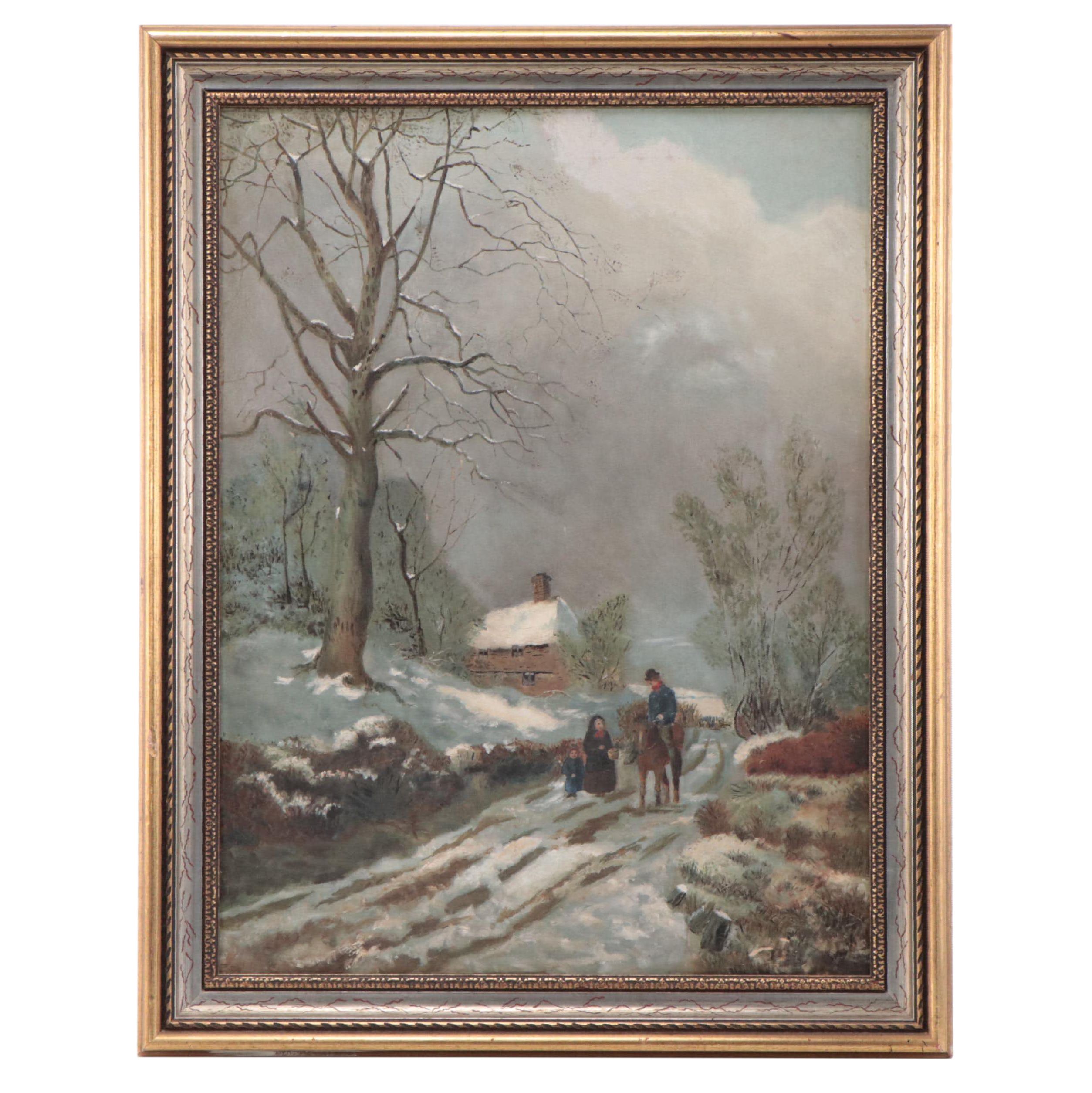 Winter Landscape Oil Painting of Farm Entrance