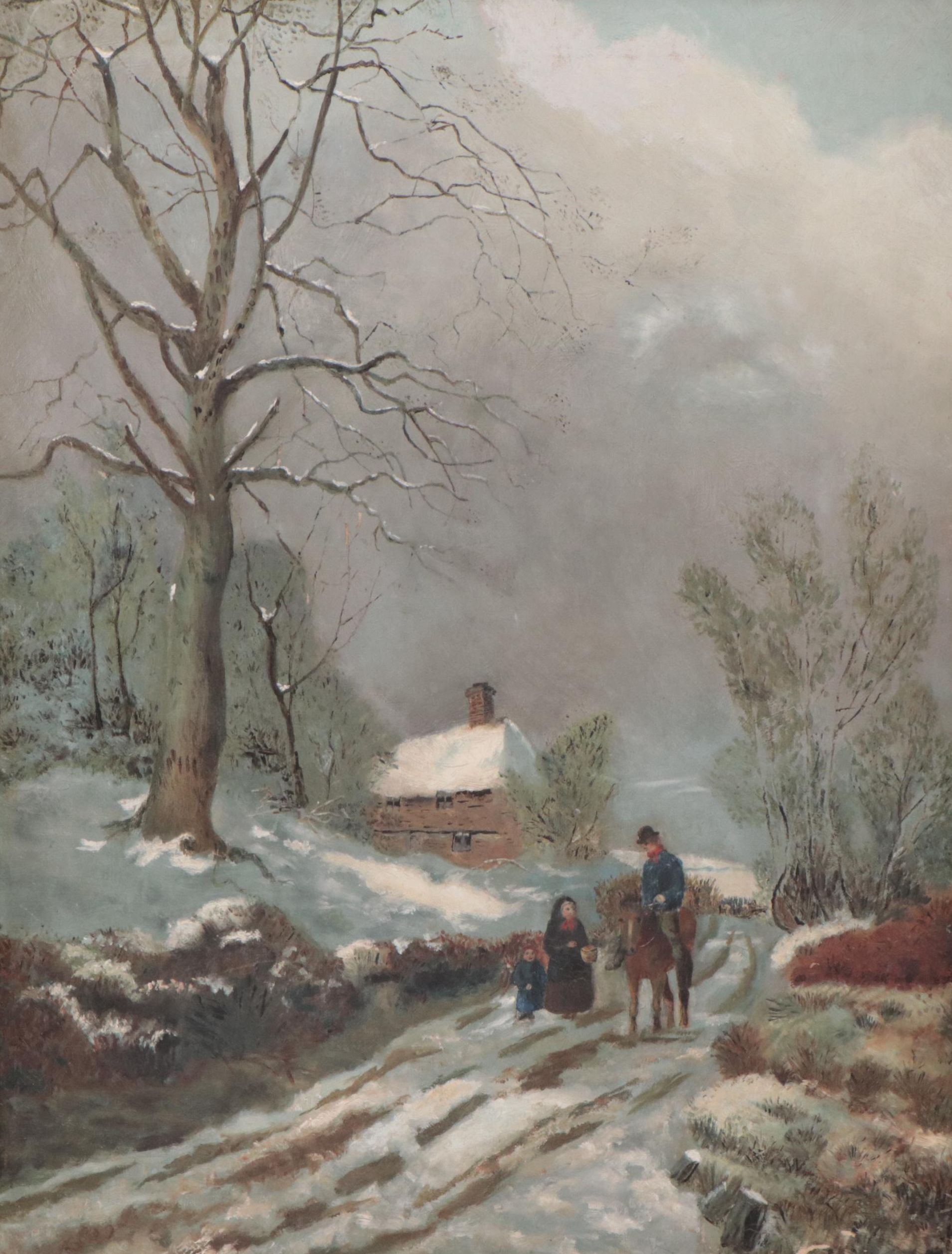 Winter Landscape Oil Painting of Farm Entrance