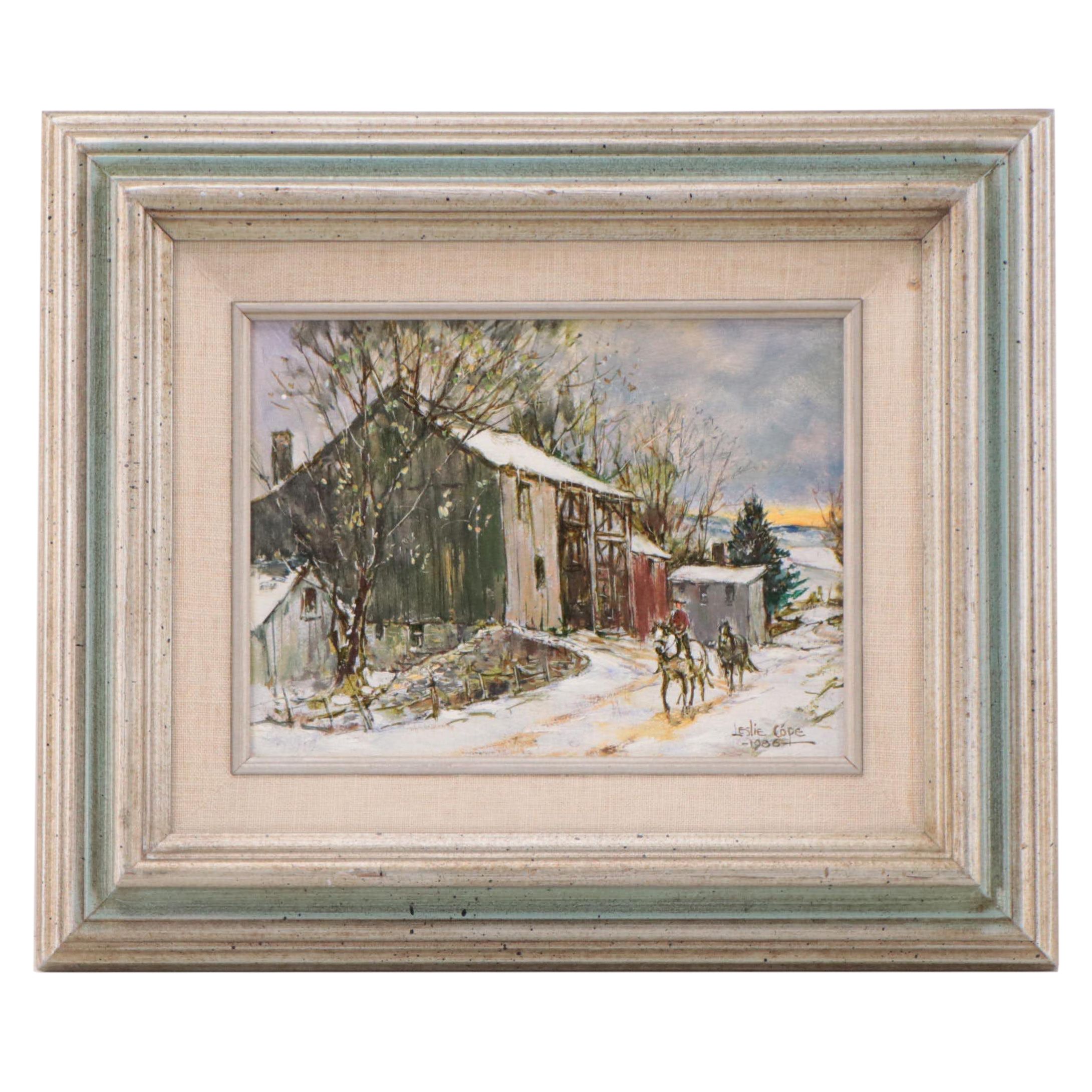 Leslie Cope Winter Landscape Oil Painting "The Old Barn," 1986
