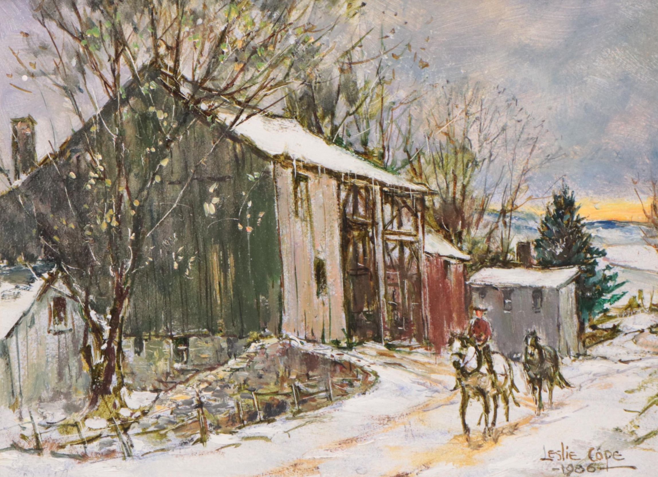 Leslie Cope Winter Landscape Oil Painting "The Old Barn," 1986