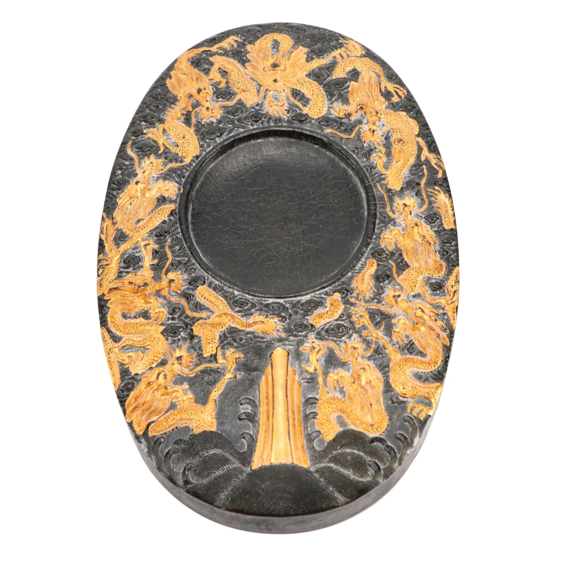 Chinese Gilt Ink Cake in the Form of a Bowl with Dragon Motif and Poem