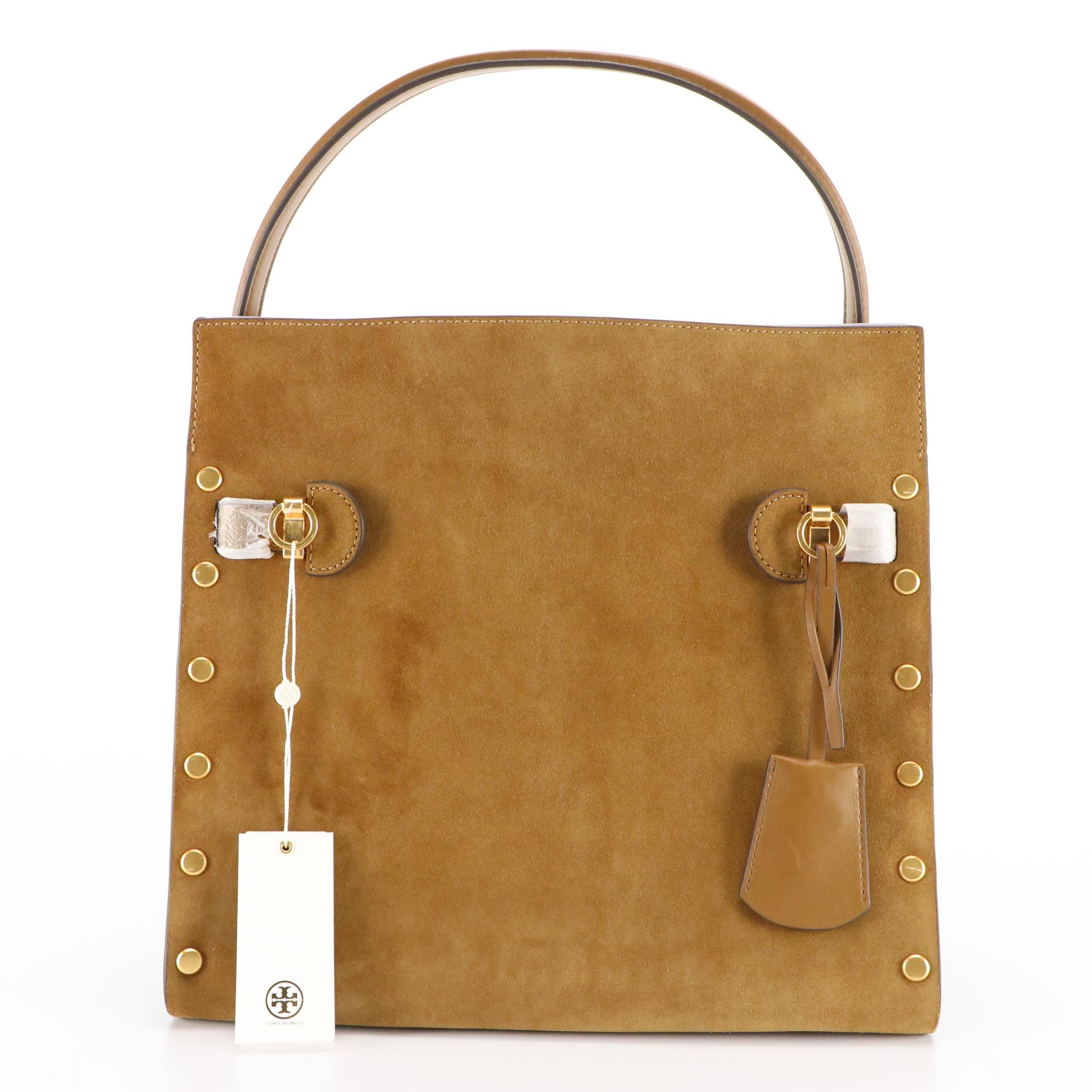 Tory Burch Lee Radziwill Coffee Suede Studded Two-Way Handbag, New With Tags