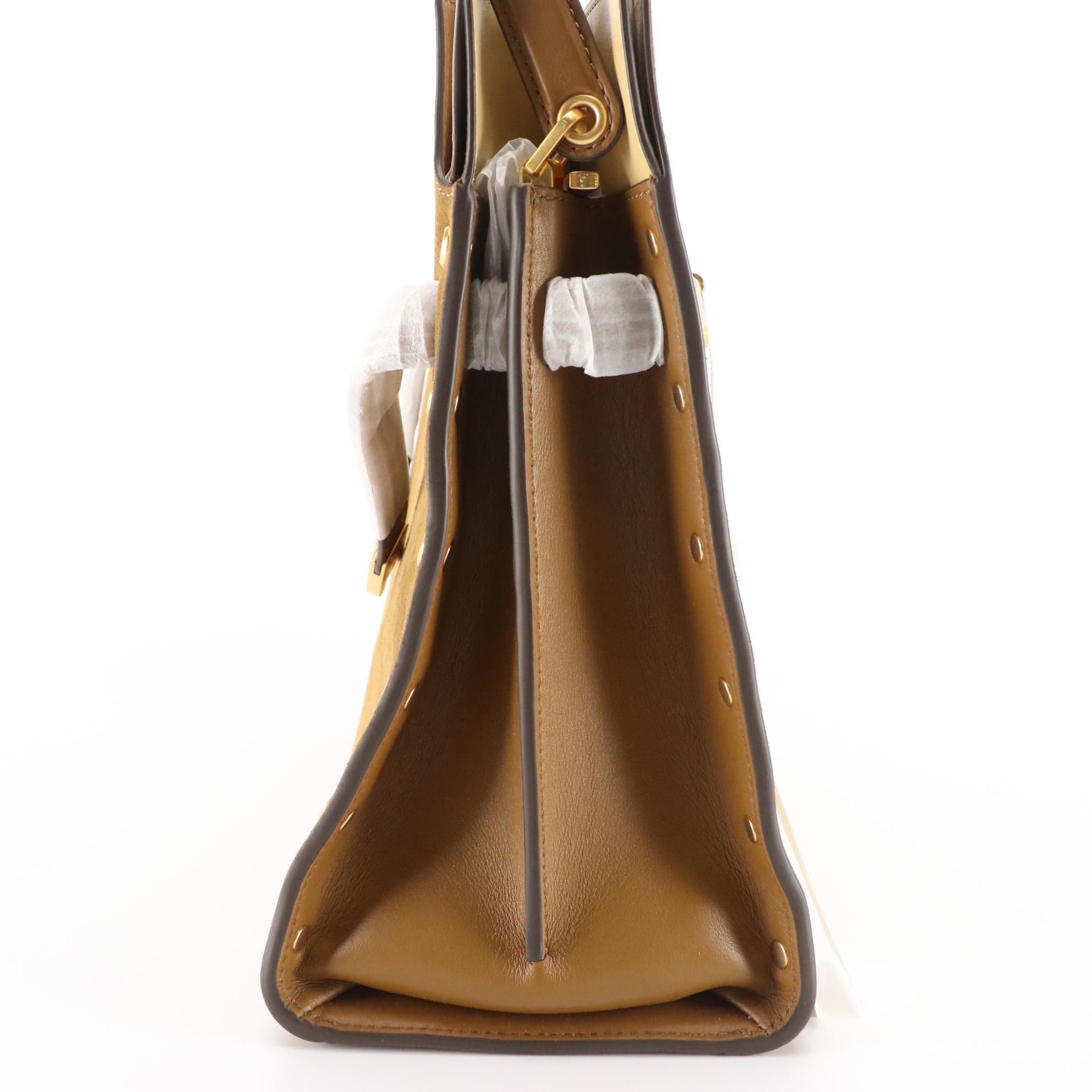 Tory Burch Lee Radziwill Coffee Suede Studded Two-Way Handbag, New With Tags