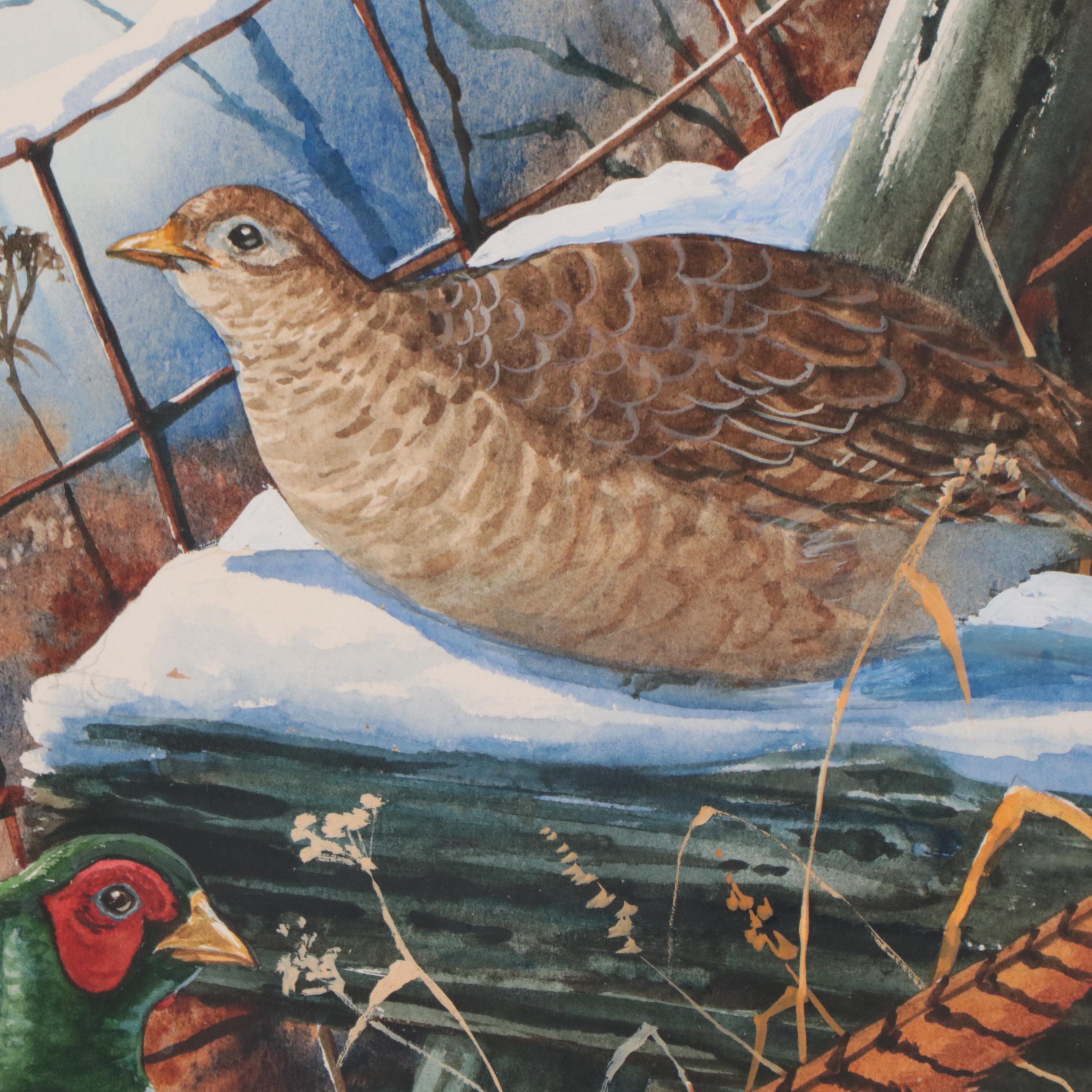 Steve French Watercolor Painting "Winter Pheasants," Late 20th Century