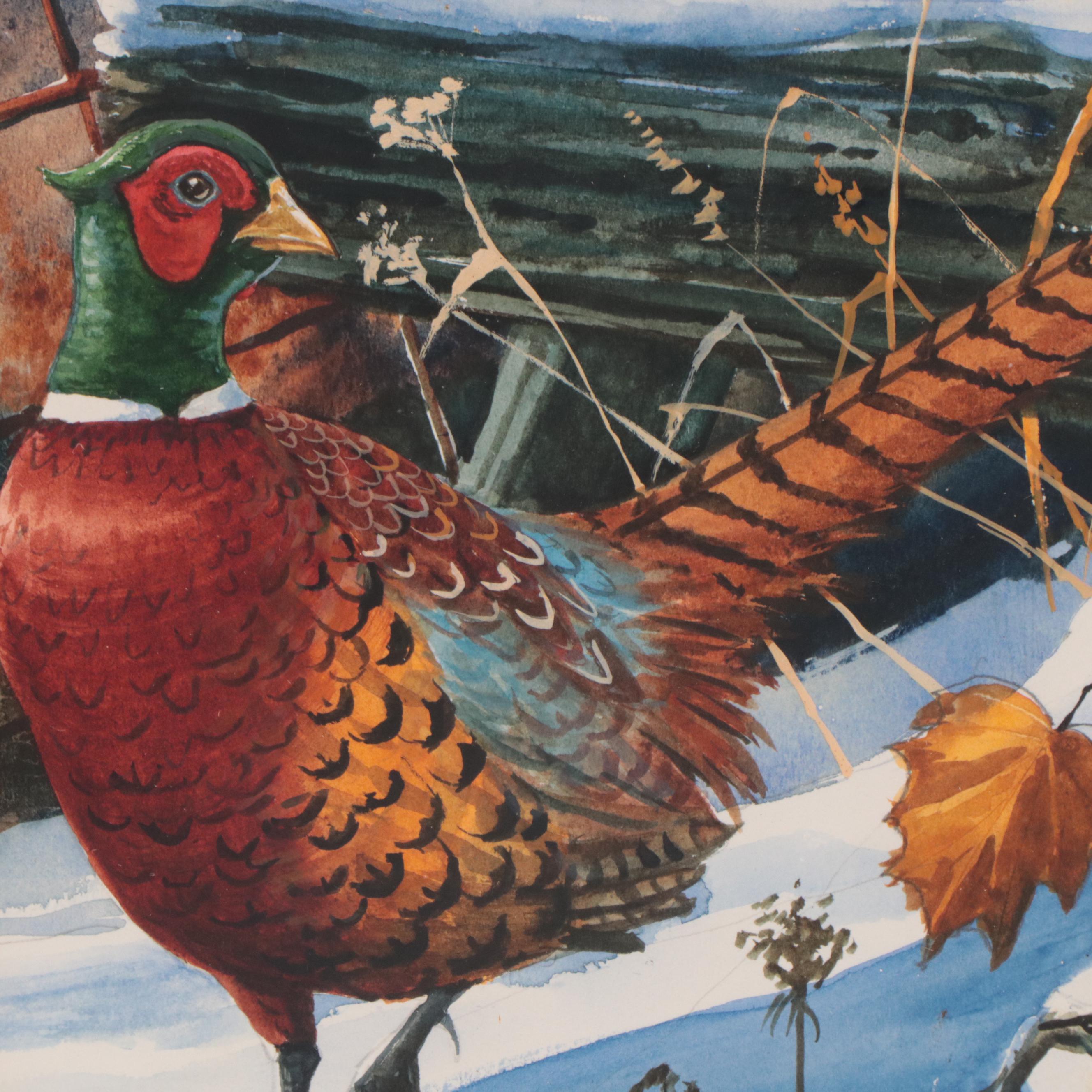 Steve French Watercolor Painting "Winter Pheasants," Late 20th Century