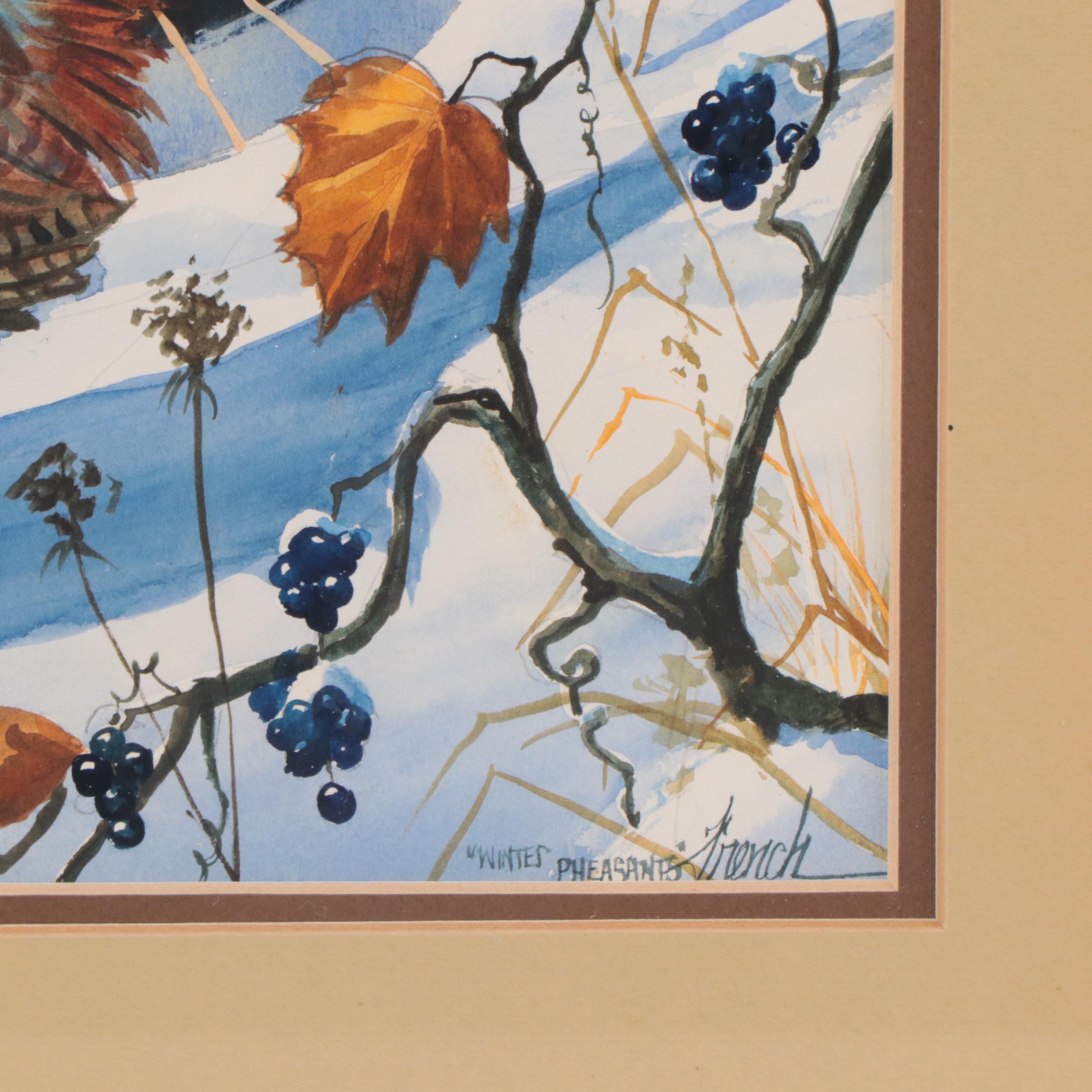 Steve French Watercolor Painting "Winter Pheasants," Late 20th Century