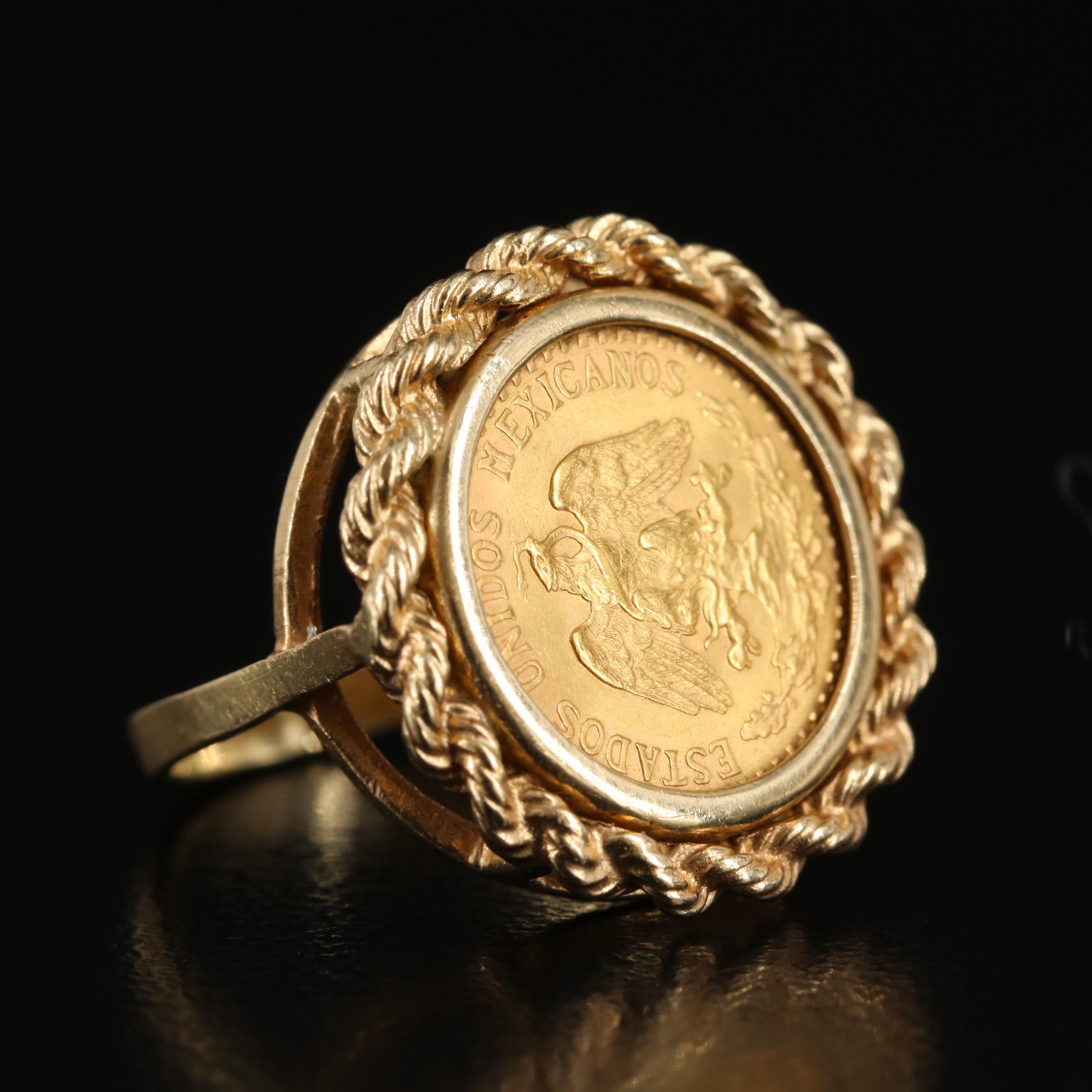 14K Ring with 1945 Mexican Dos Pesos Gold Coin