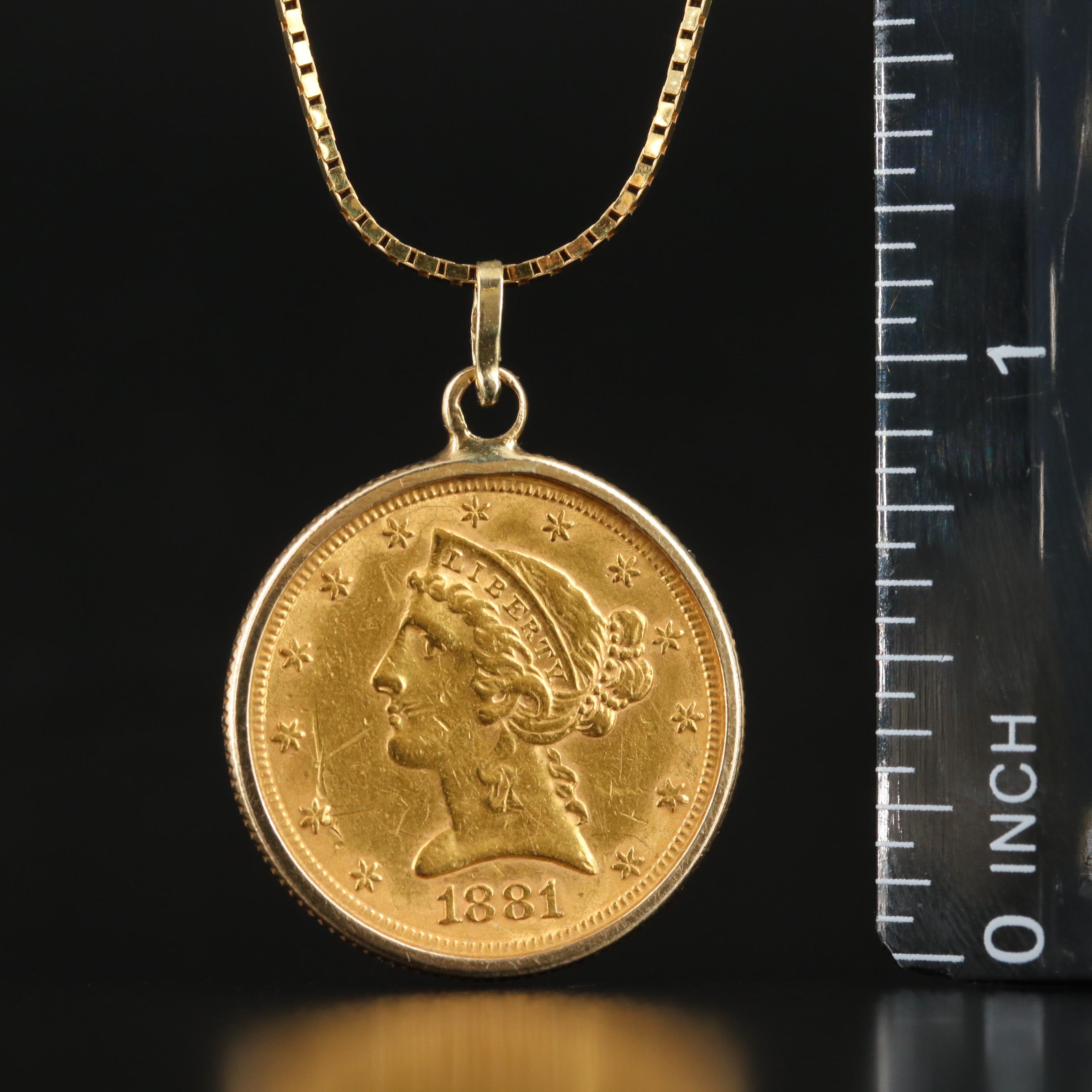 14K Pendant Necklace with 1881 Liberty Head $5 Gold Coin