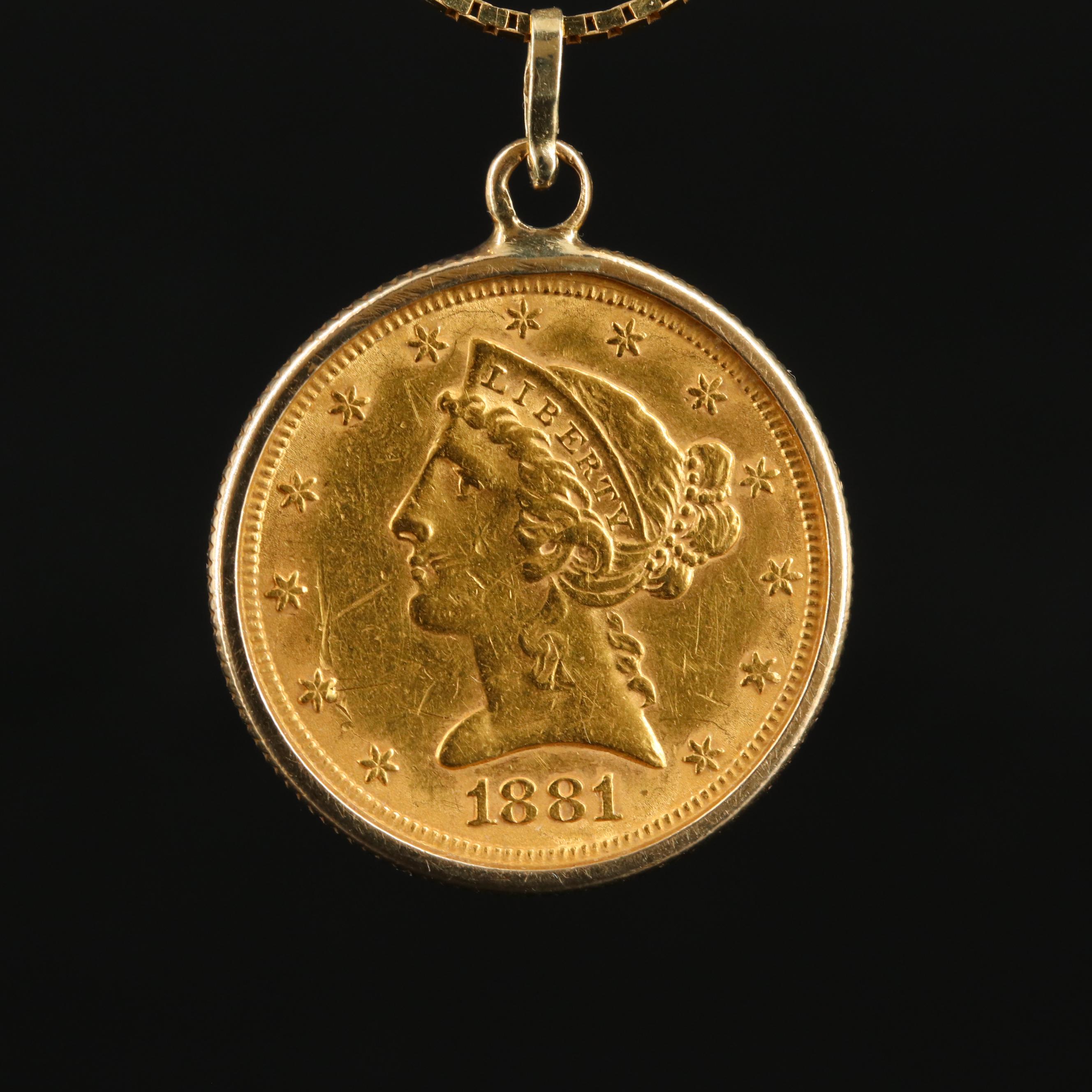 14K Pendant Necklace with 1881 Liberty Head $5 Gold Coin