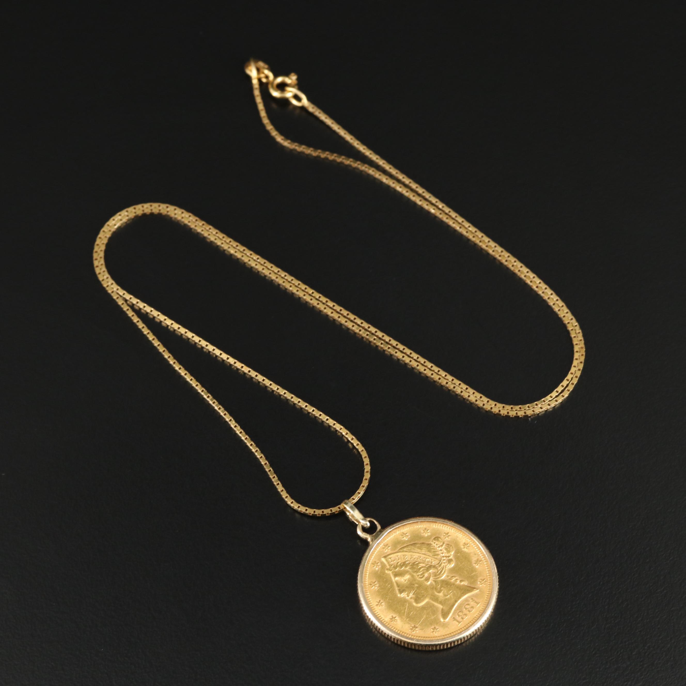 14K Pendant Necklace with 1881 Liberty Head $5 Gold Coin