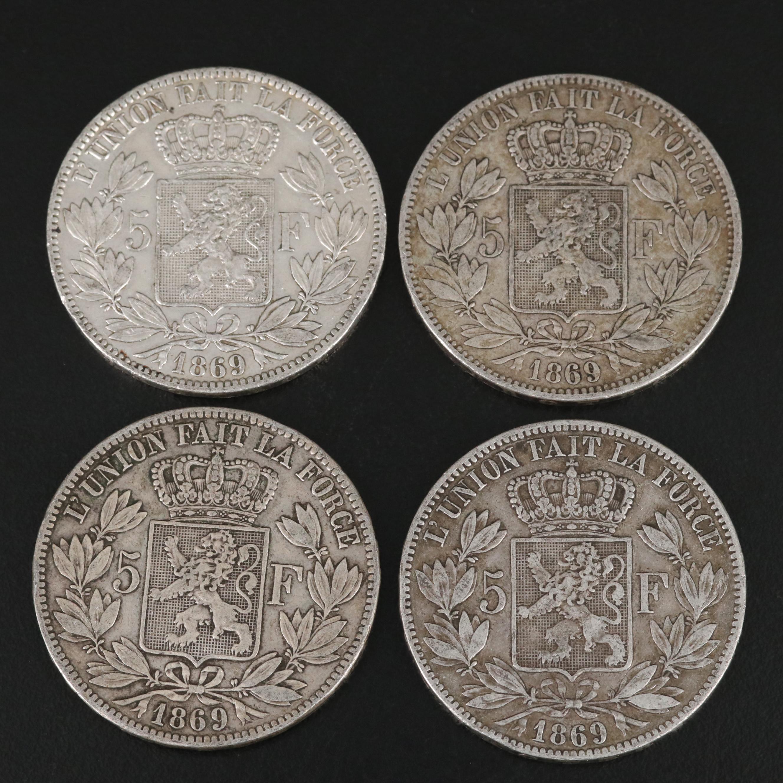 Ten 1869 Belgium 5-Francs Silver Coins