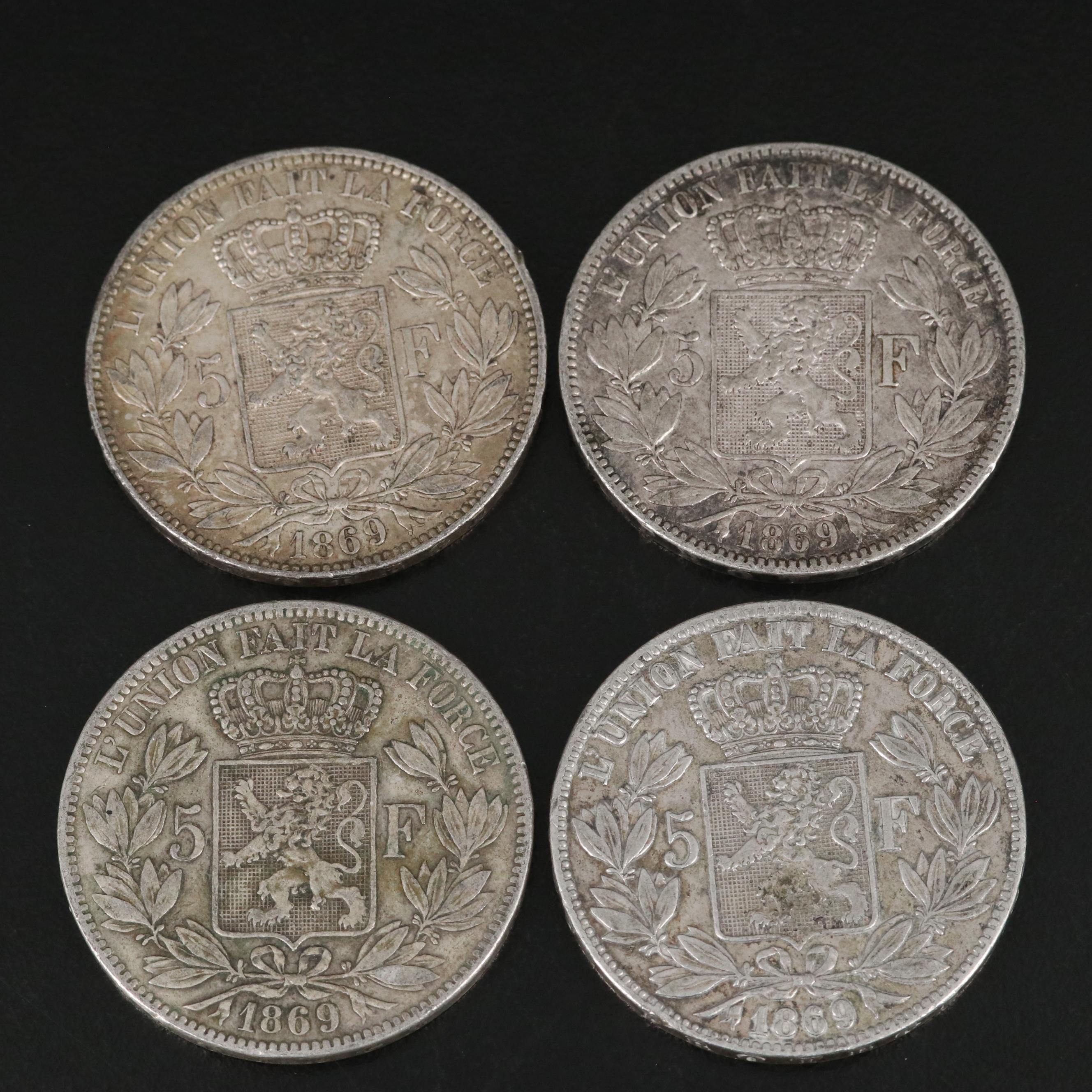 Ten 1869 Belgium 5-Francs Silver Coins