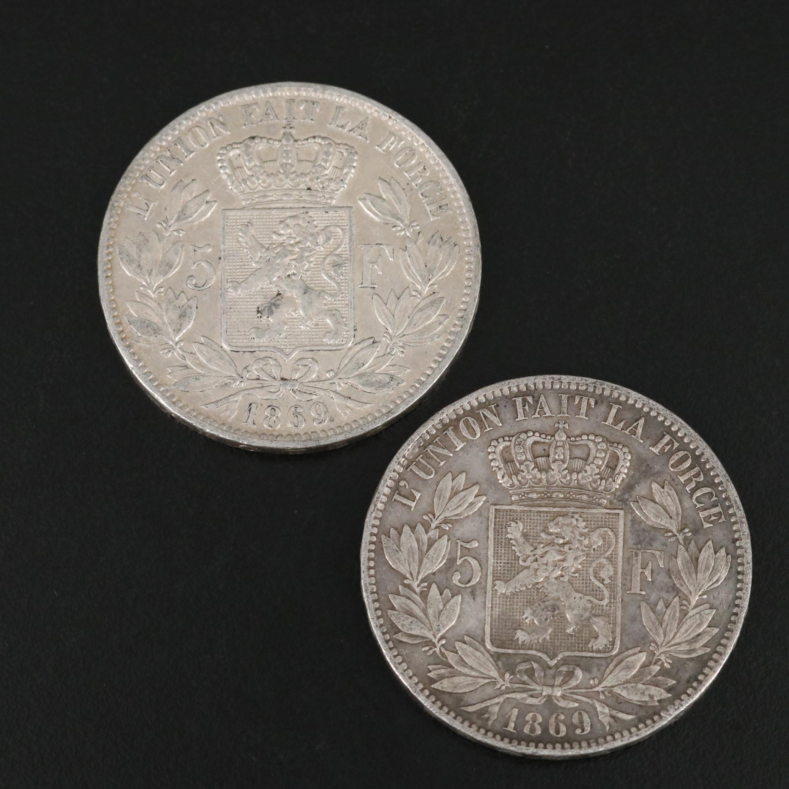 Ten 1869 Belgium 5-Francs Silver Coins