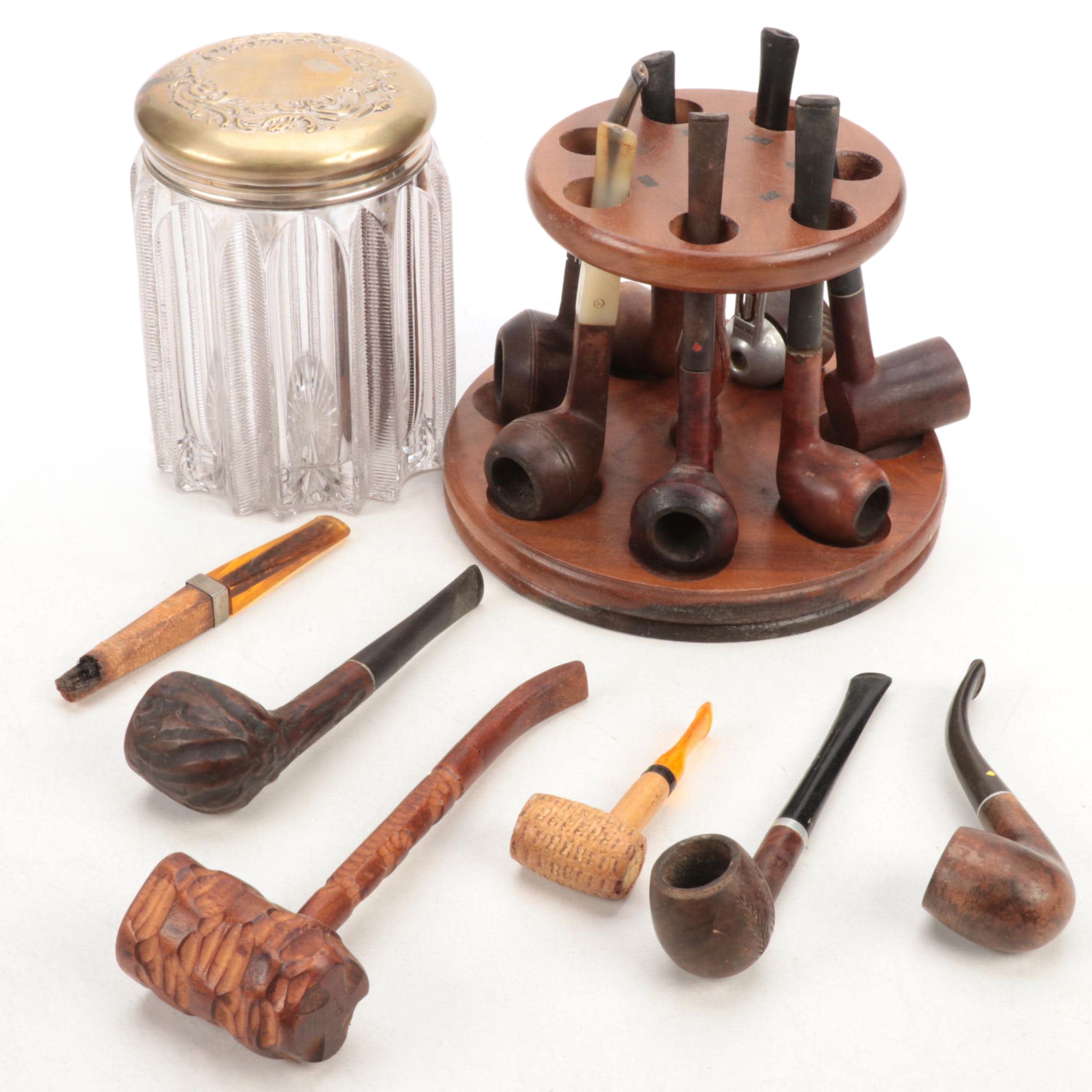 Cornhusk, Burl Wood and More Pipes, Fairfax Pipe Holder and Tobacco Jar