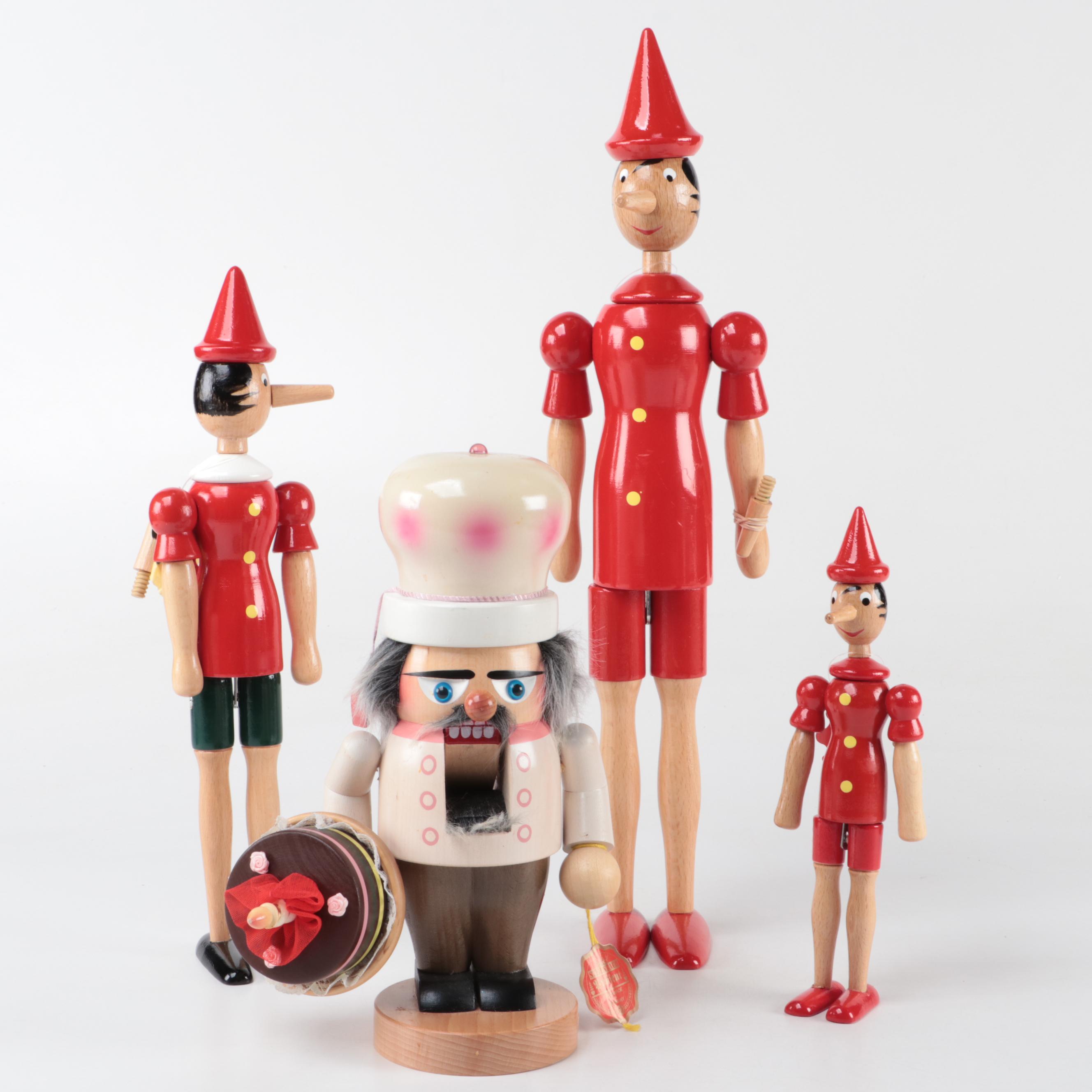 Steinbach Folk Art Wood Nutcracker with Rainoldi Wood Pinocchio Figurines