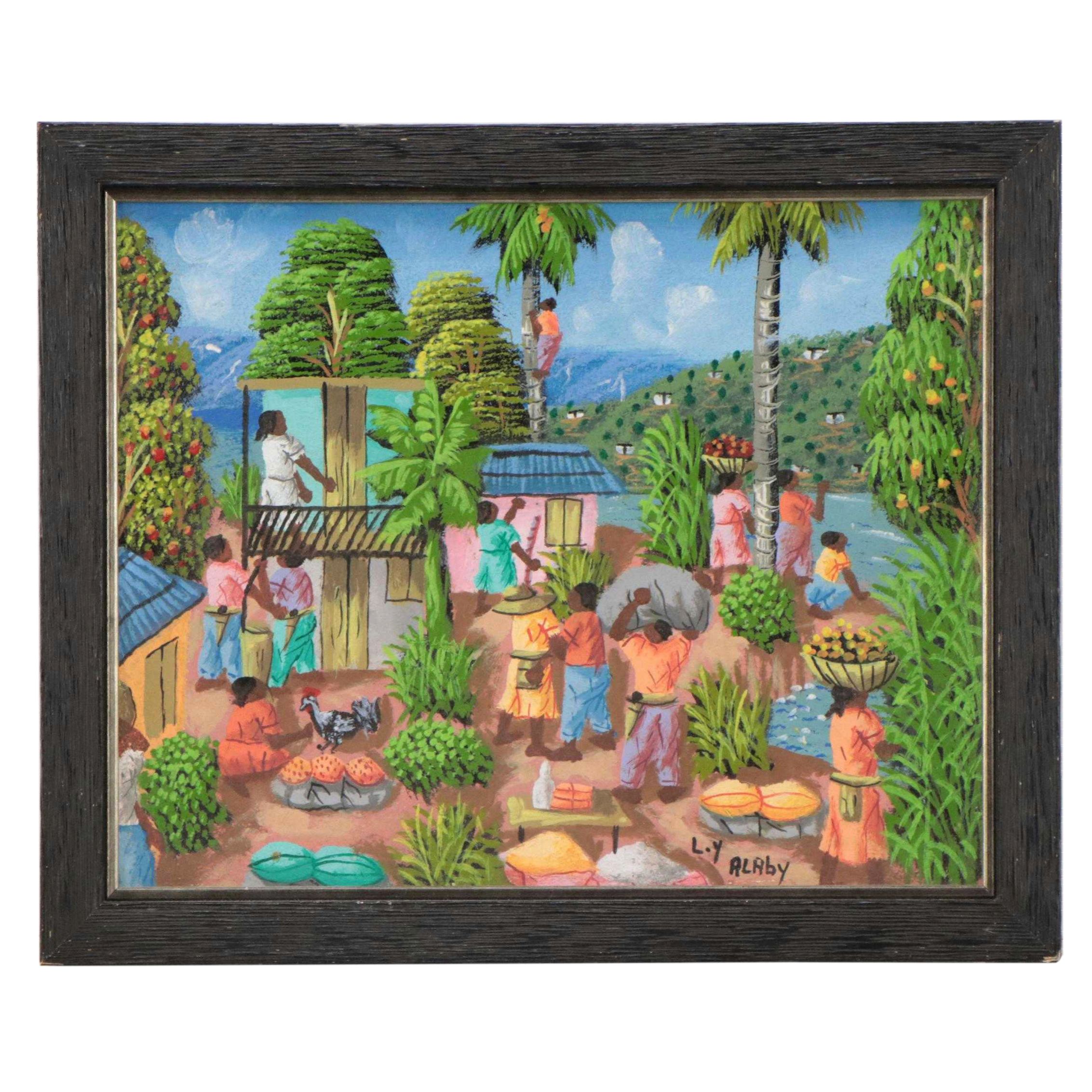 L.Y. Alaby Embellished Gouache Painting of Village Scene