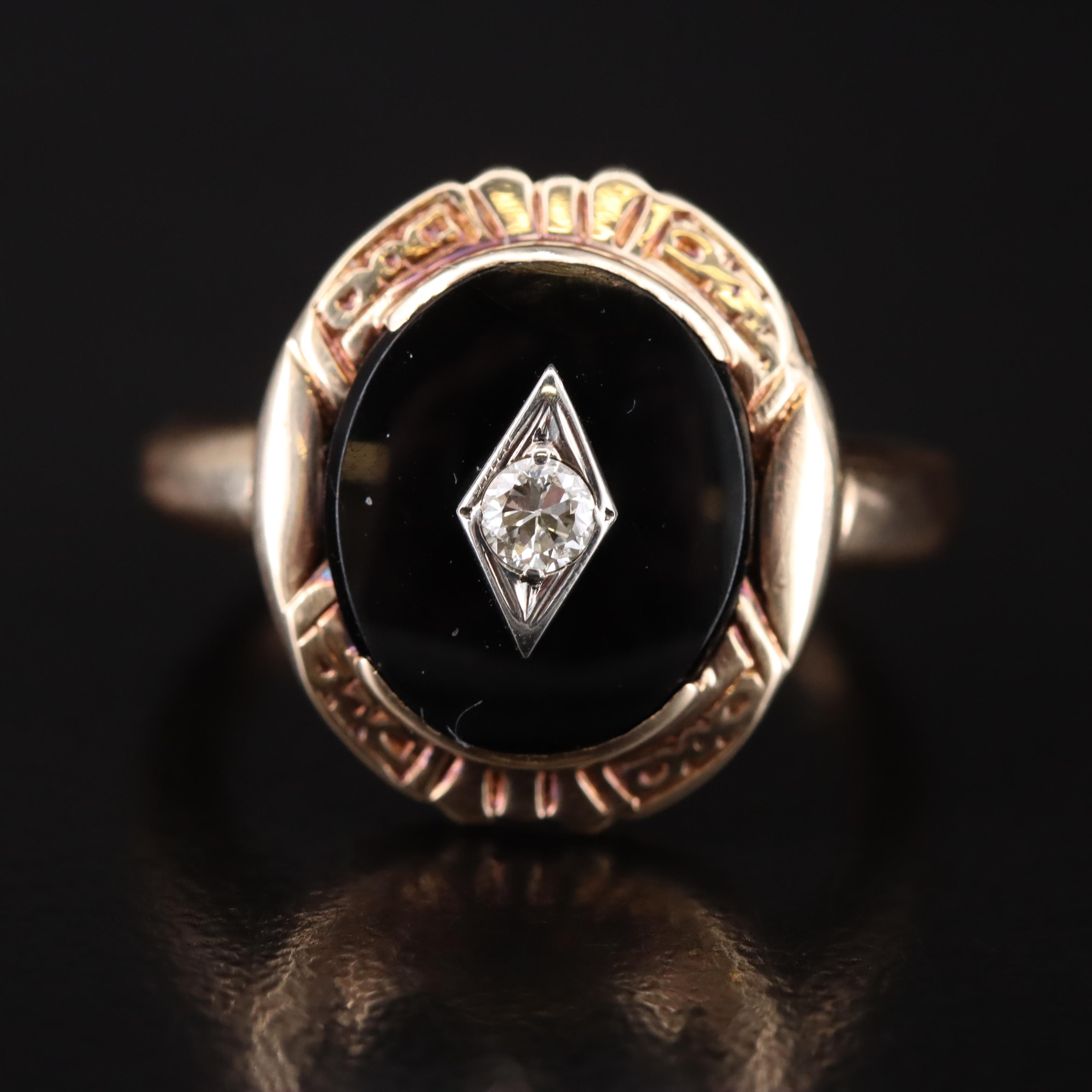 Vintage 10K Black Onyx and Diamond Ring