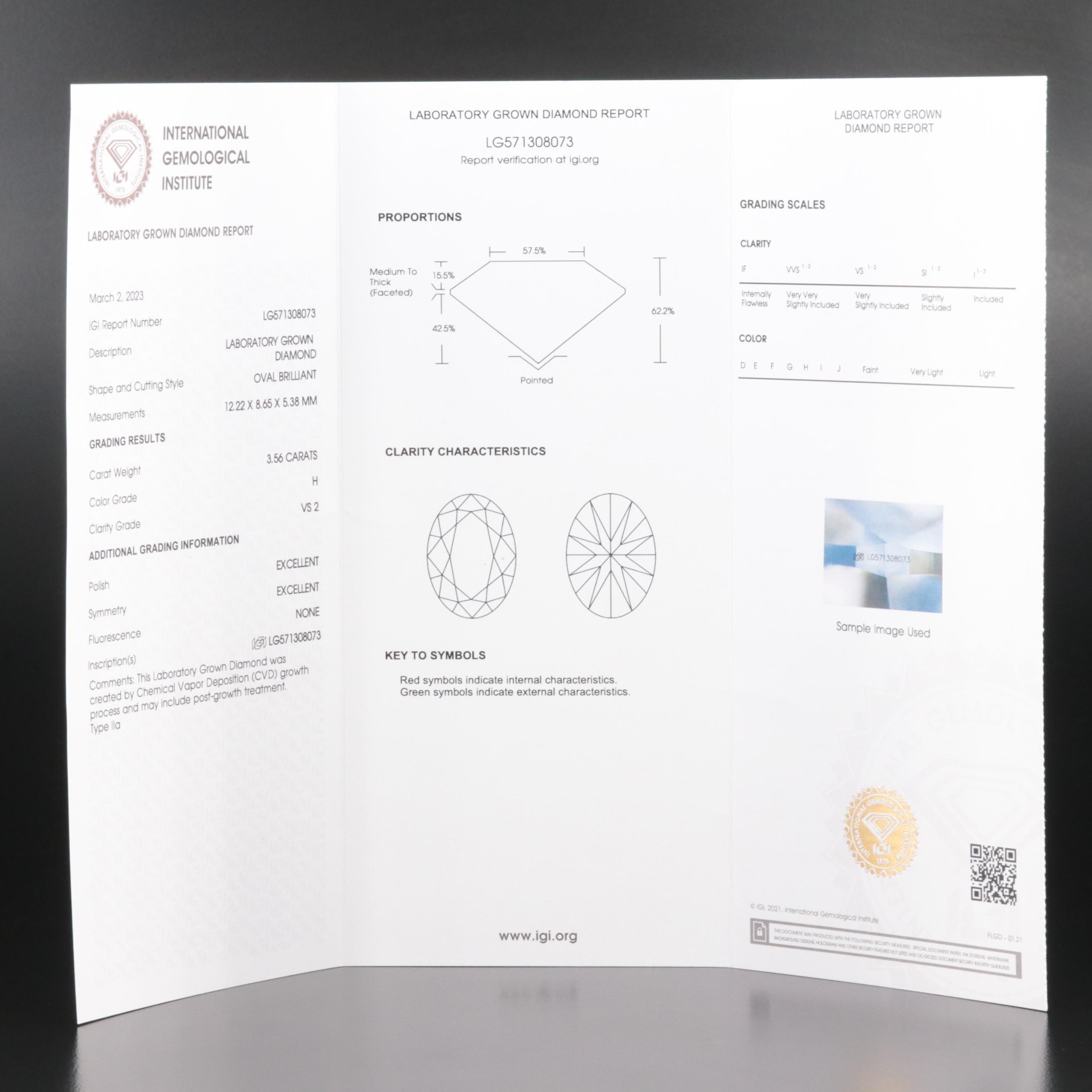 Loose 3.56 CT Lab Grown Diamond with IGI Report