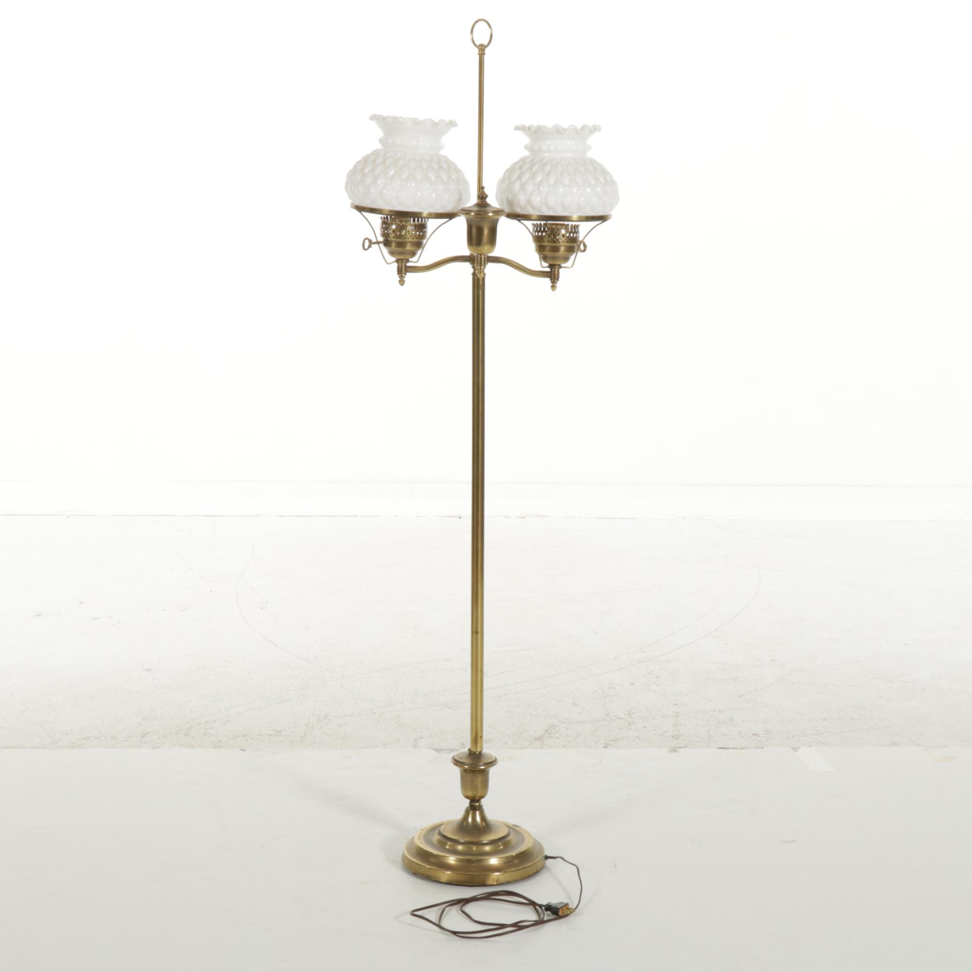 Two Light Faux Oil Floor Lamp with Milk Glass Shades, Mid to Late 20th Century