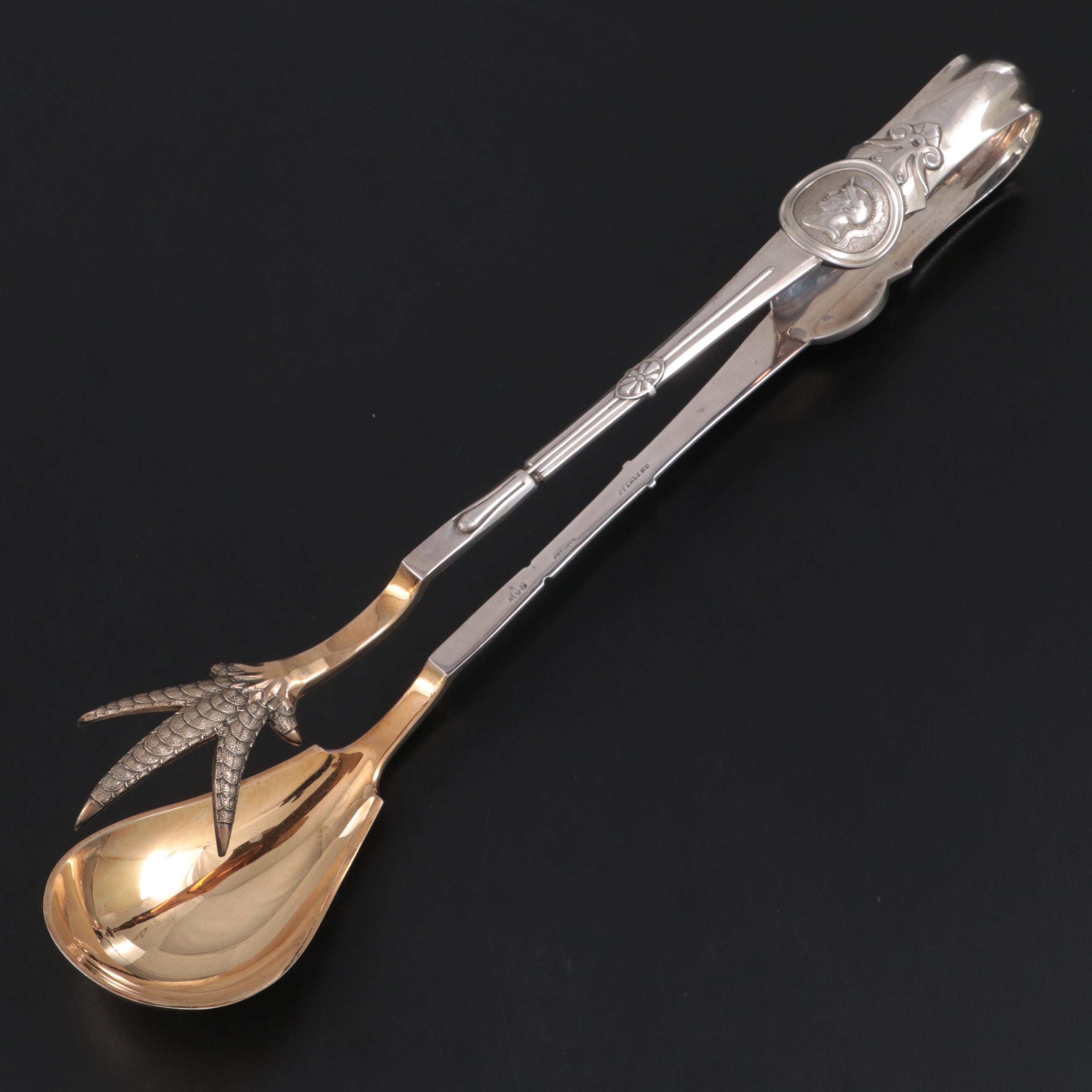 Gorham "Medallion" Sterling Silver Ice Tongs, Mid to Late 19th Century