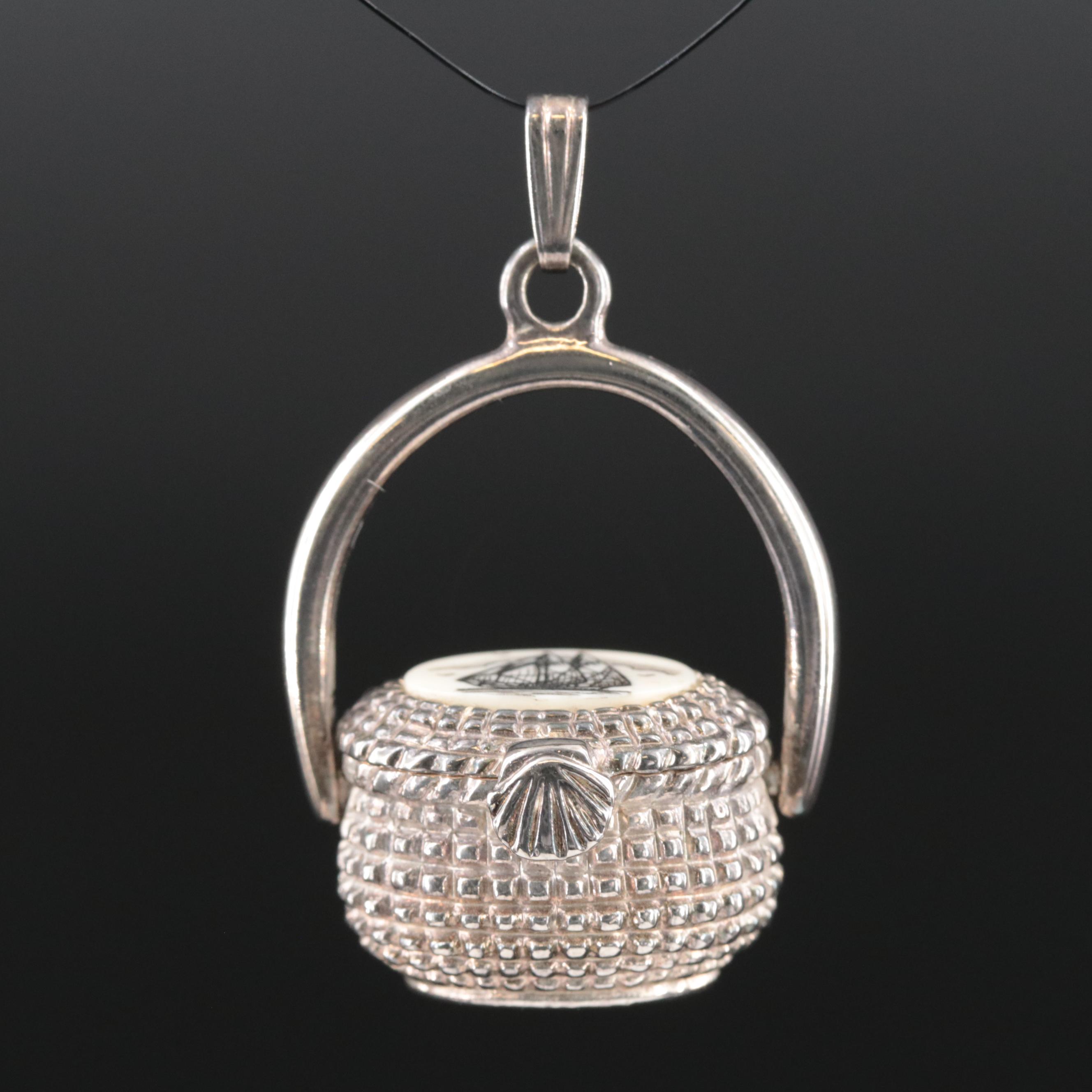 Bone Scrimshaw Basket Pendant with Miniature Penny Replica