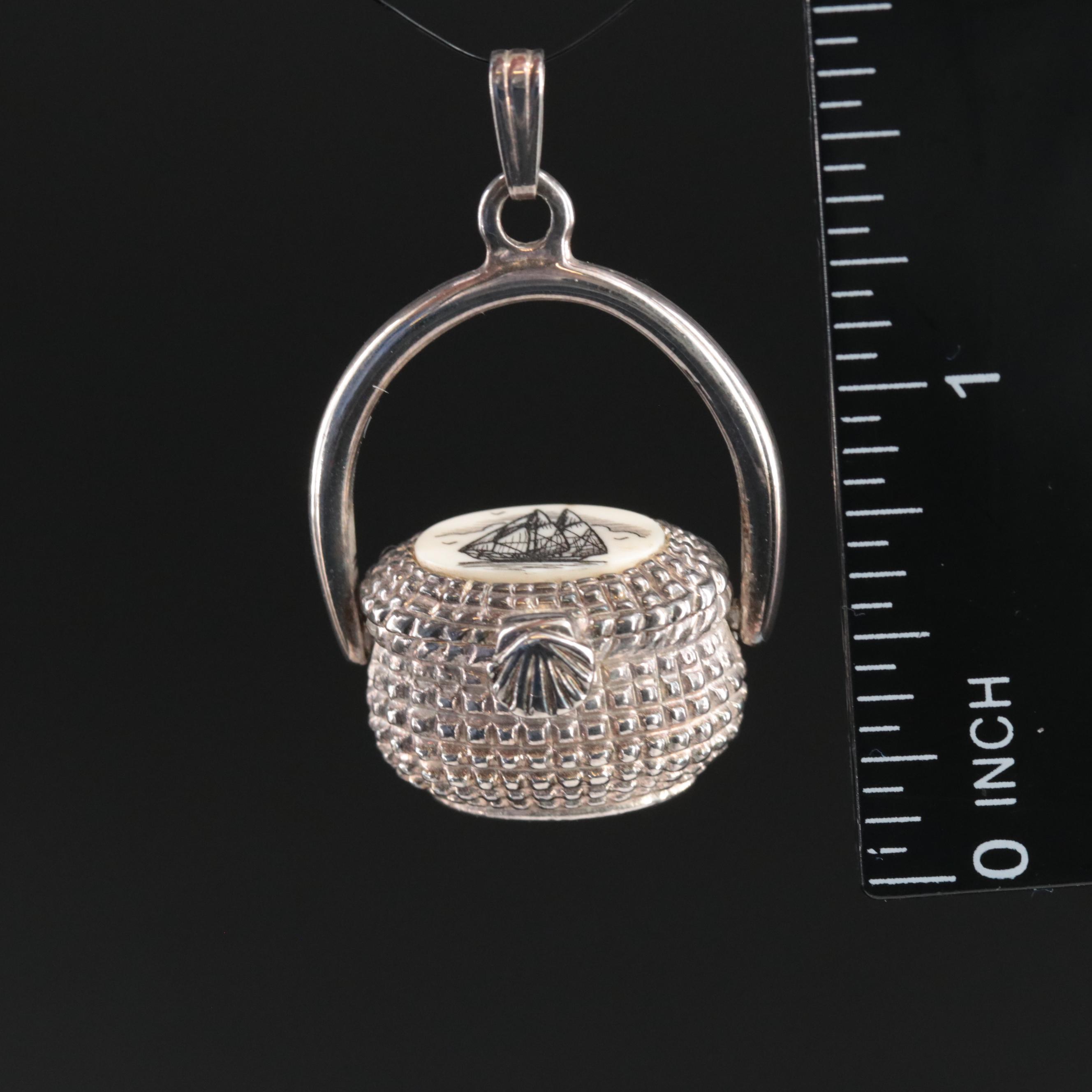 Bone Scrimshaw Basket Pendant with Miniature Penny Replica