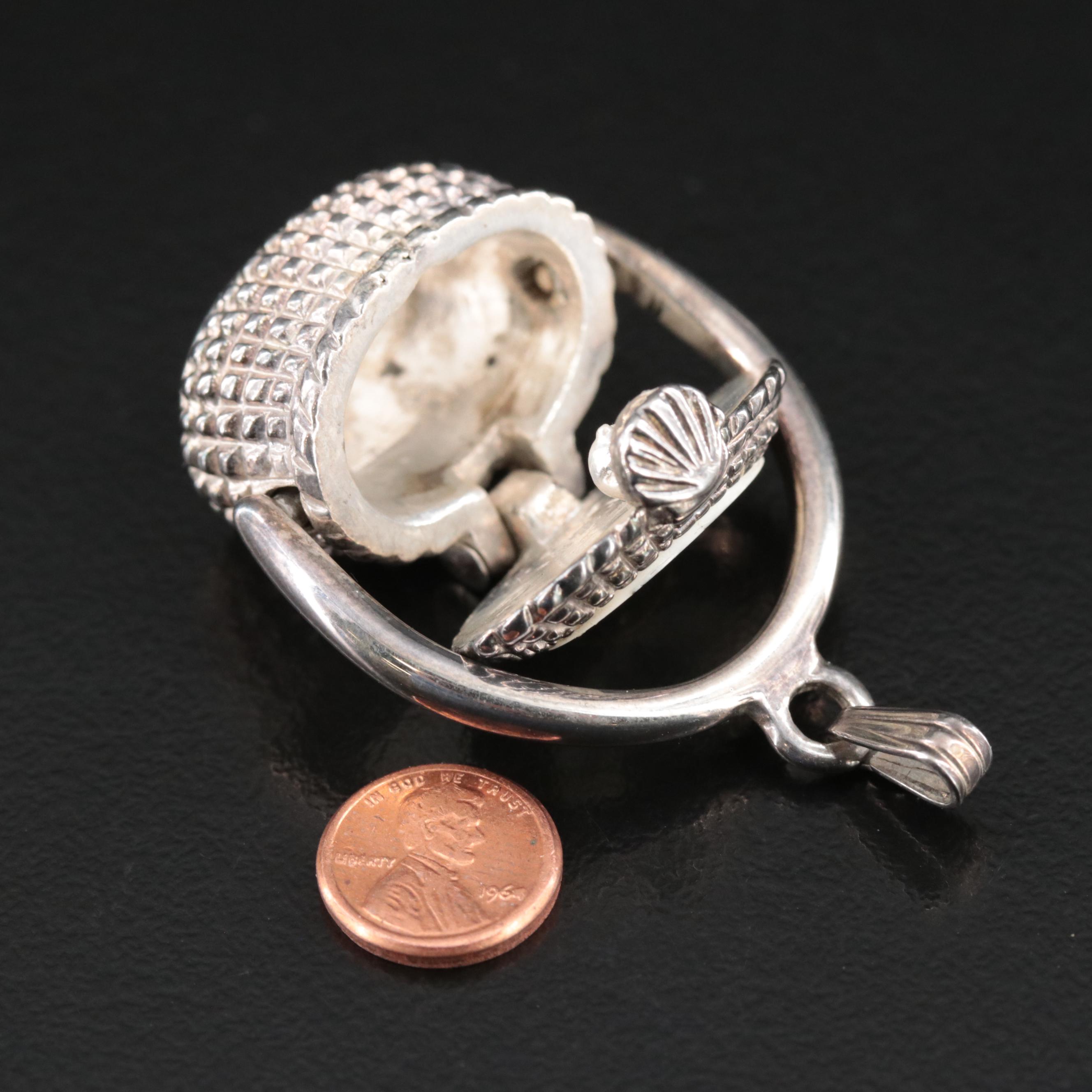 Bone Scrimshaw Basket Pendant with Miniature Penny Replica