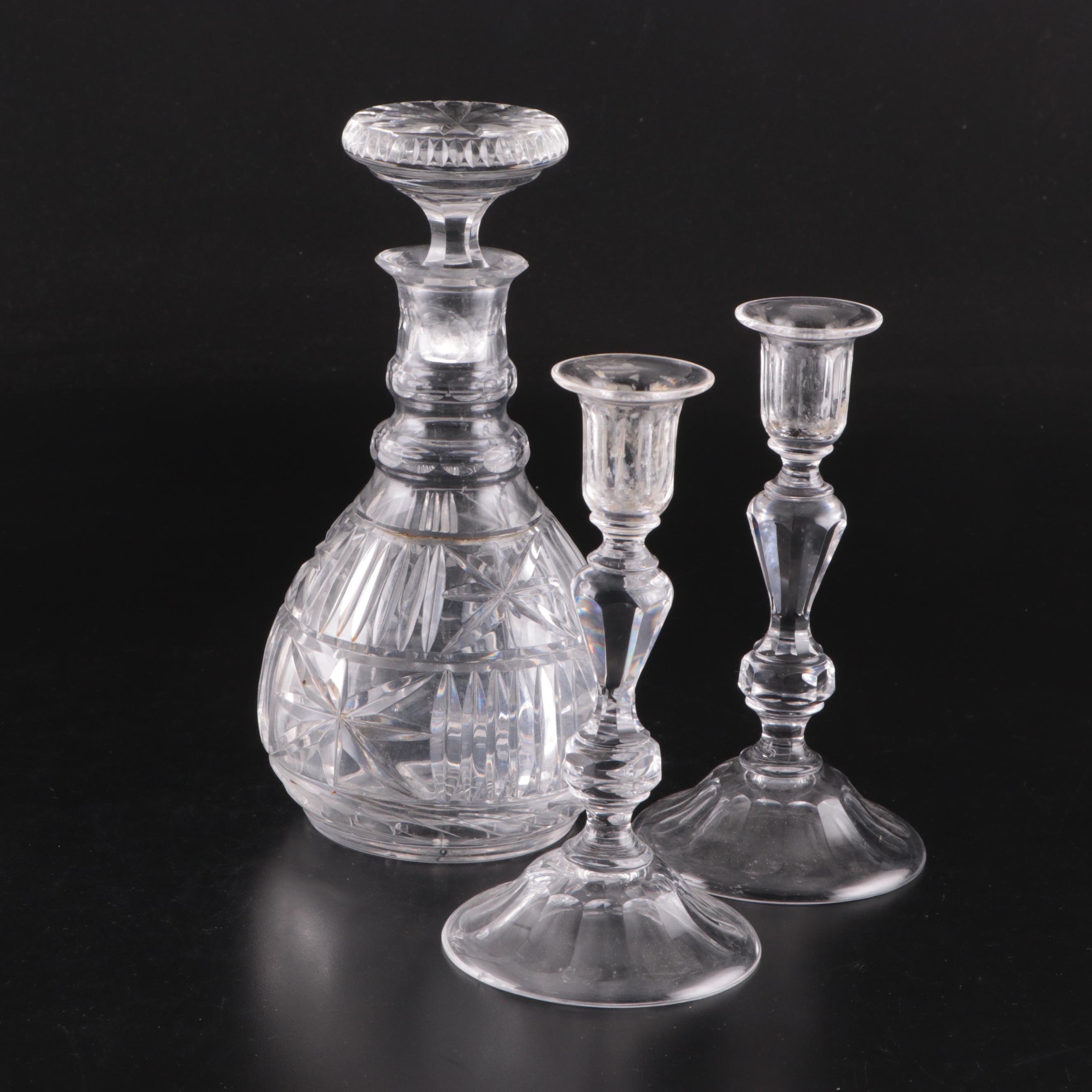 Pair of Glass Candlesticks with Cut Glass Decanter