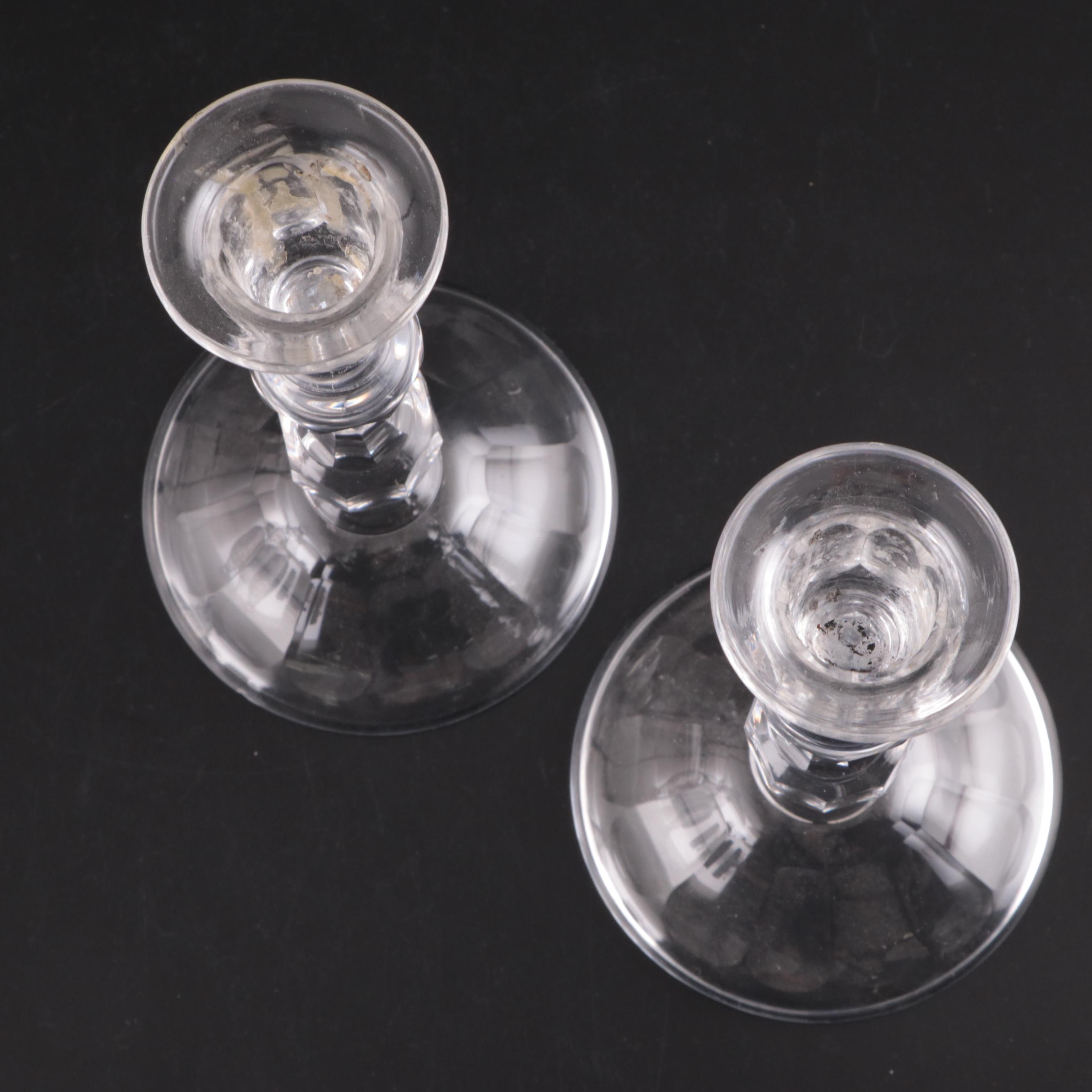 Pair of Glass Candlesticks with Cut Glass Decanter