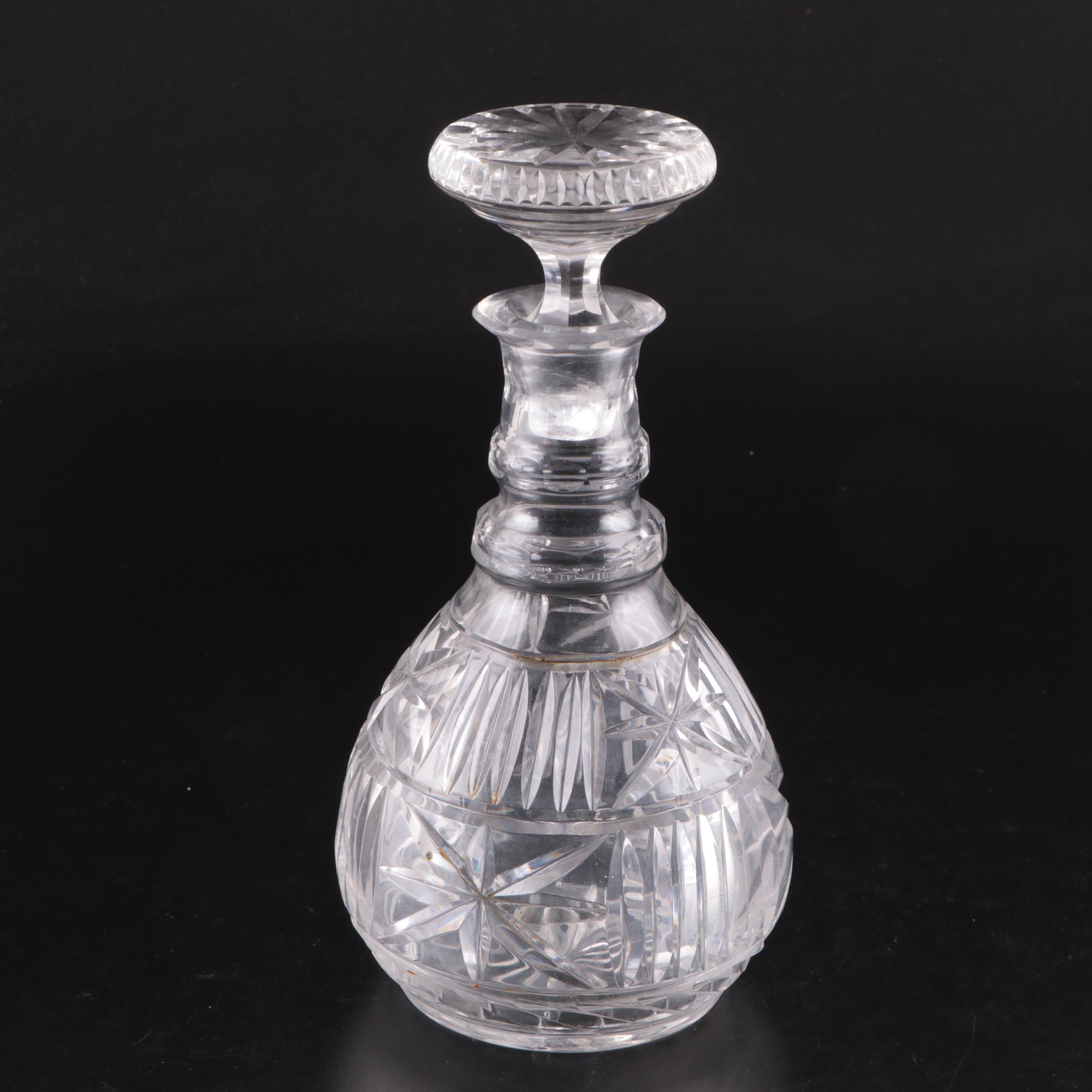 Pair of Glass Candlesticks with Cut Glass Decanter