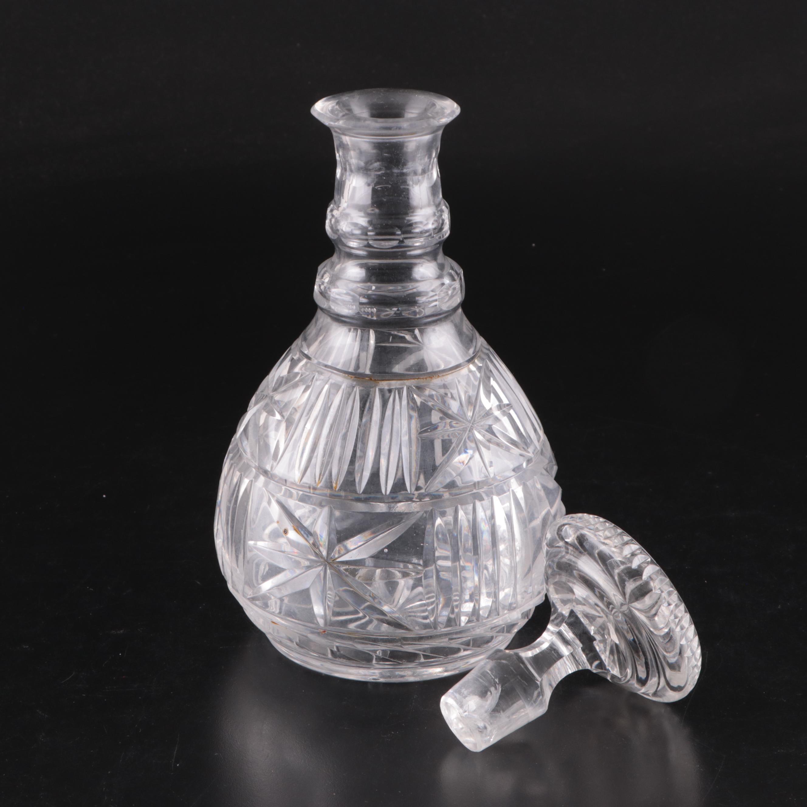 Pair of Glass Candlesticks with Cut Glass Decanter