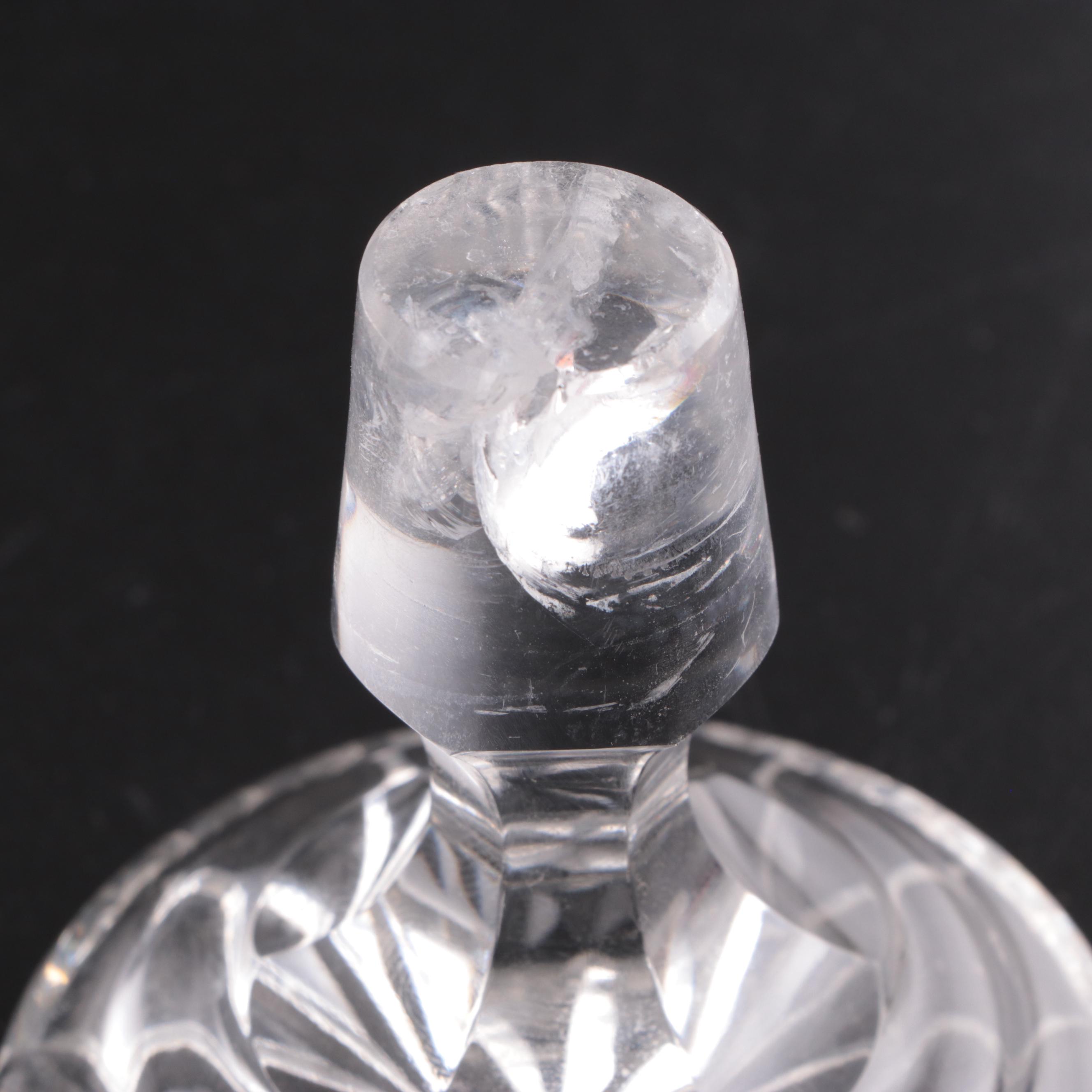 Pair of Glass Candlesticks with Cut Glass Decanter