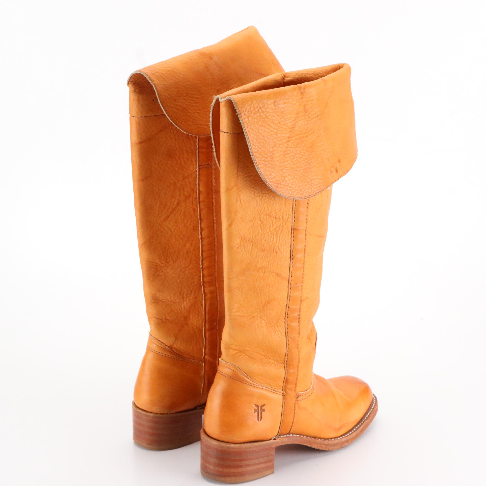 Frye Fold Over Knee High Boots in Tan and Black Leather