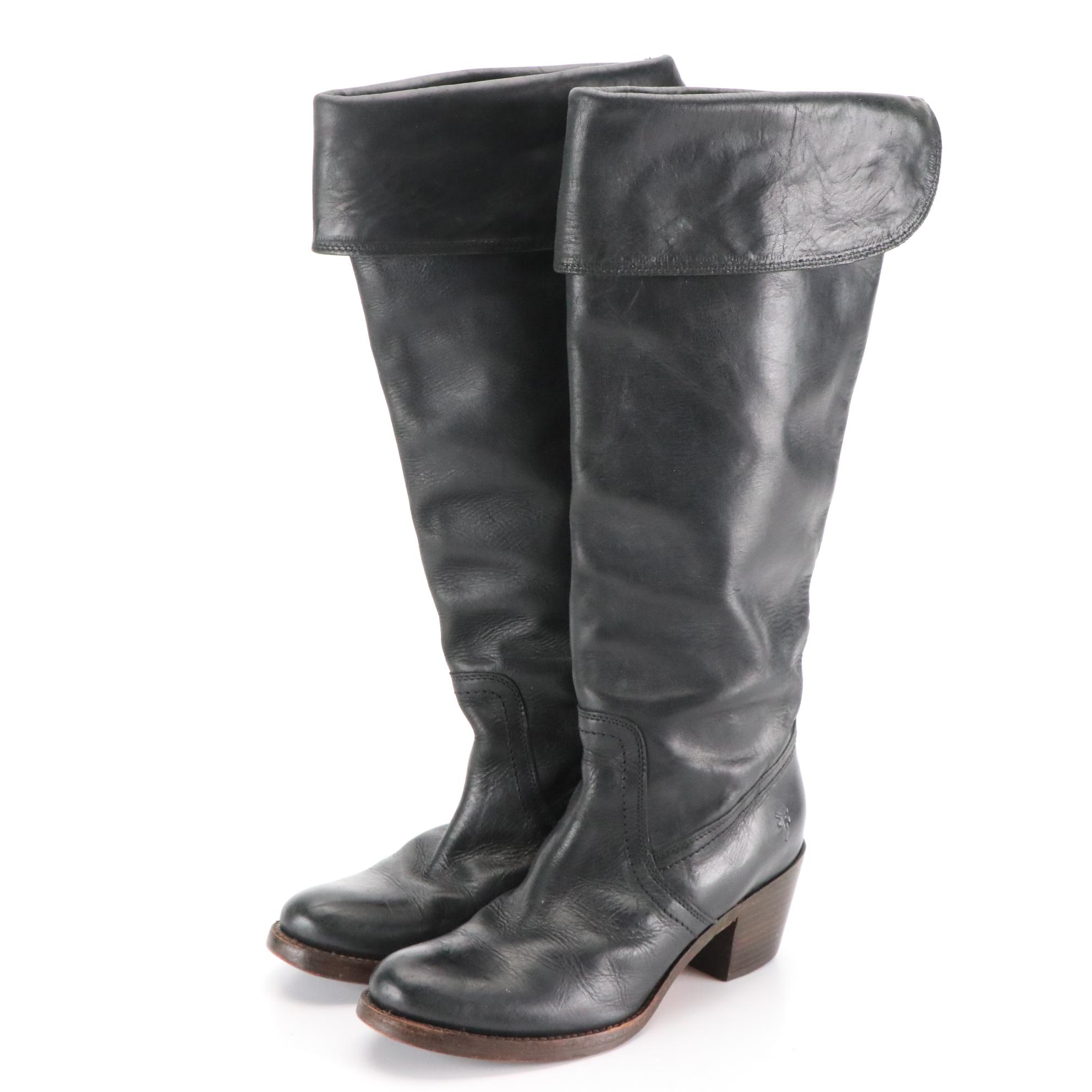 Frye Fold Over Knee High Boots in Tan and Black Leather