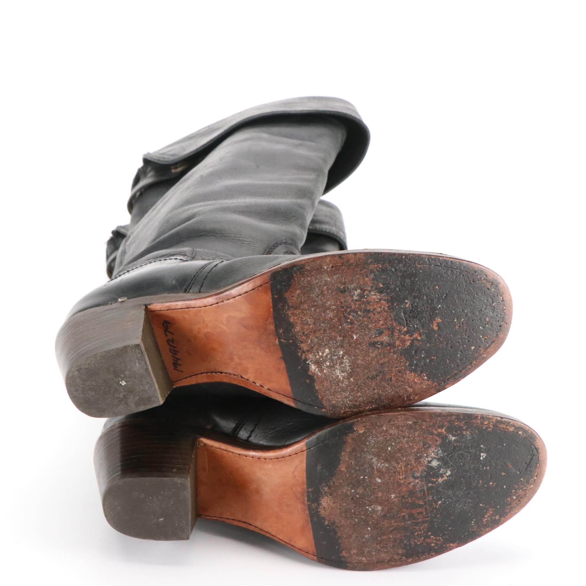 Frye Fold Over Knee High Boots in Tan and Black Leather