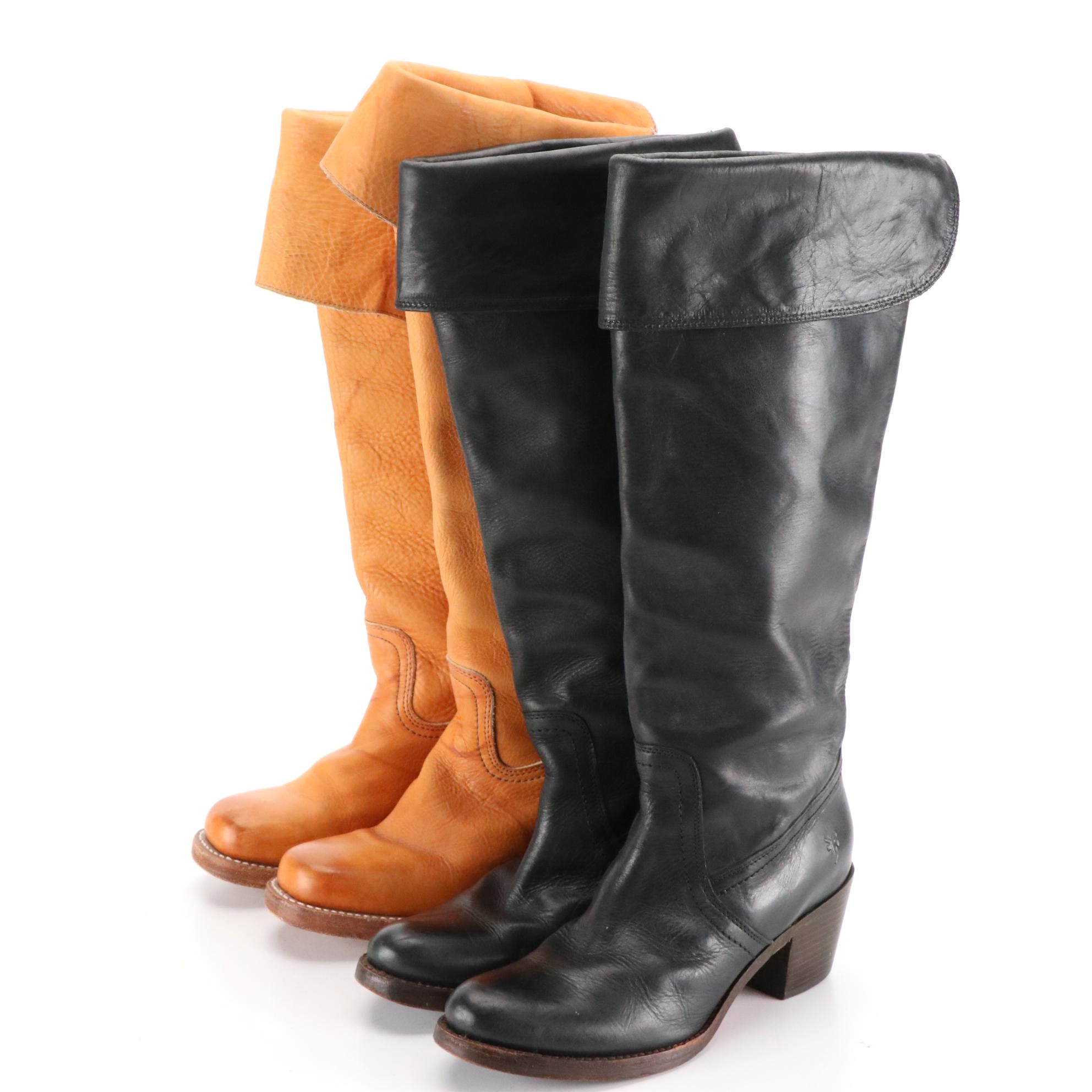 Frye Fold Over Knee High Boots in Tan and Black Leather