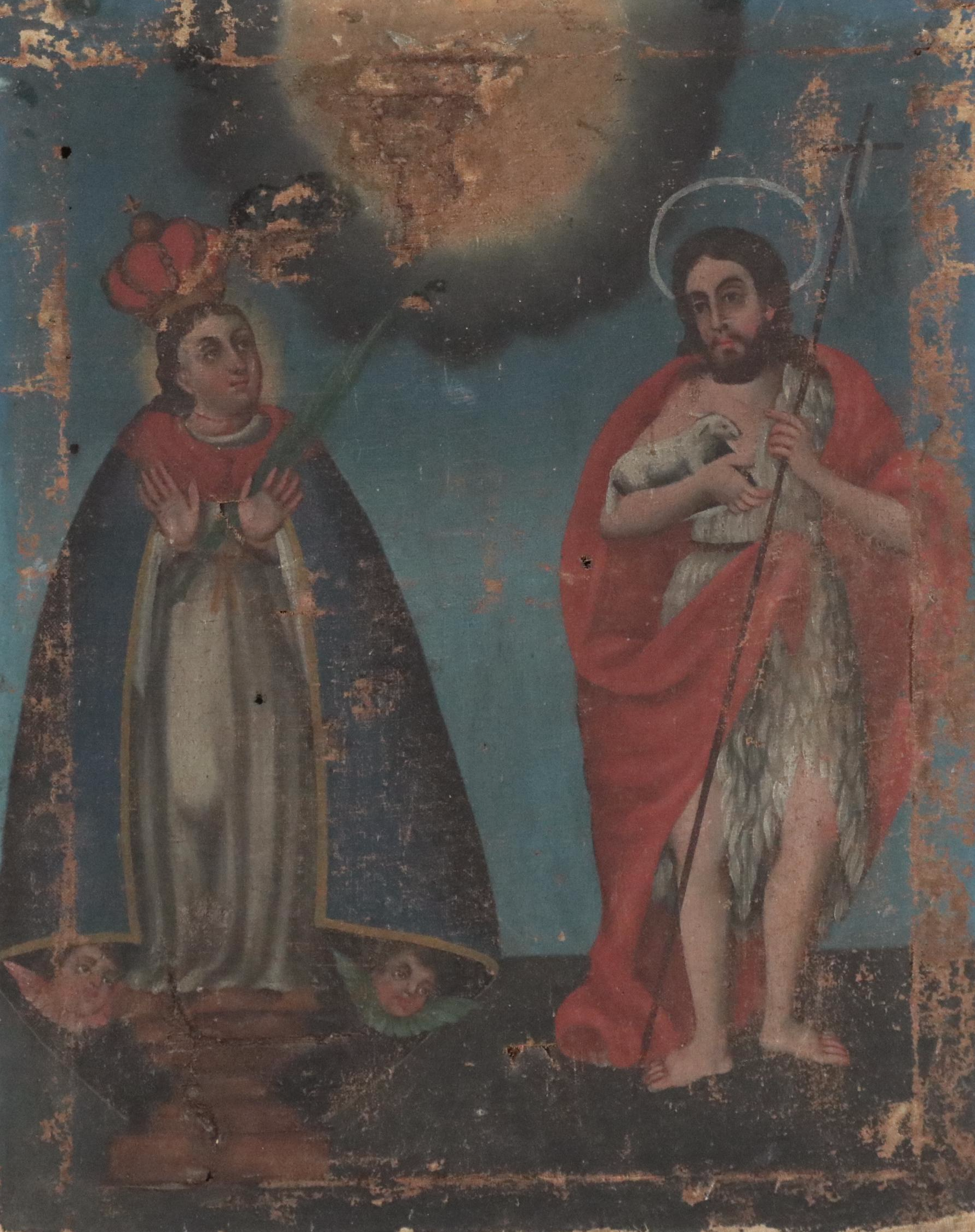 Spanish Colonial Retablo Painting of the Blessed Virgin, Christ and Holy Spirit