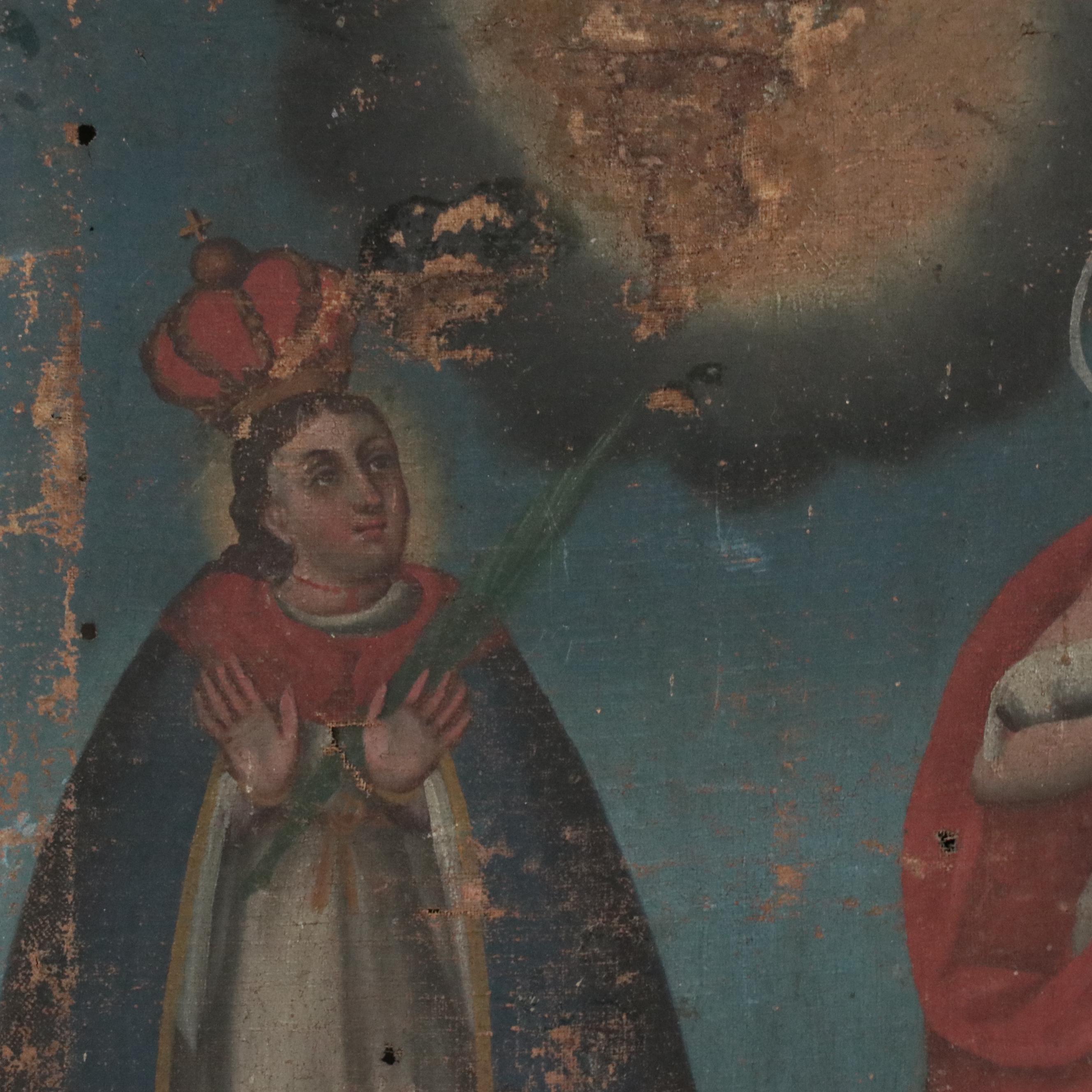 Spanish Colonial Retablo Painting of the Blessed Virgin, Christ and Holy Spirit