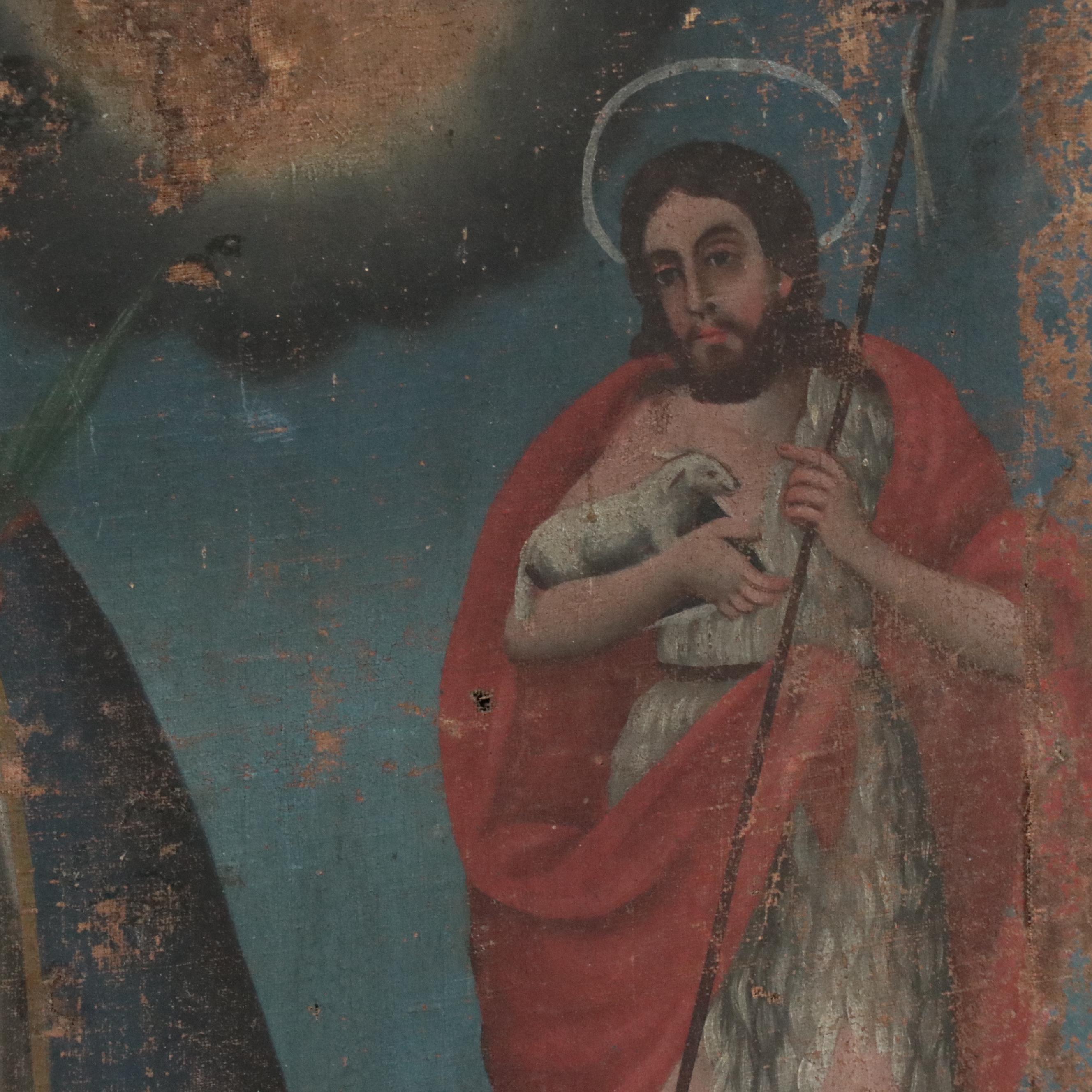 Spanish Colonial Retablo Painting of the Blessed Virgin, Christ and Holy Spirit