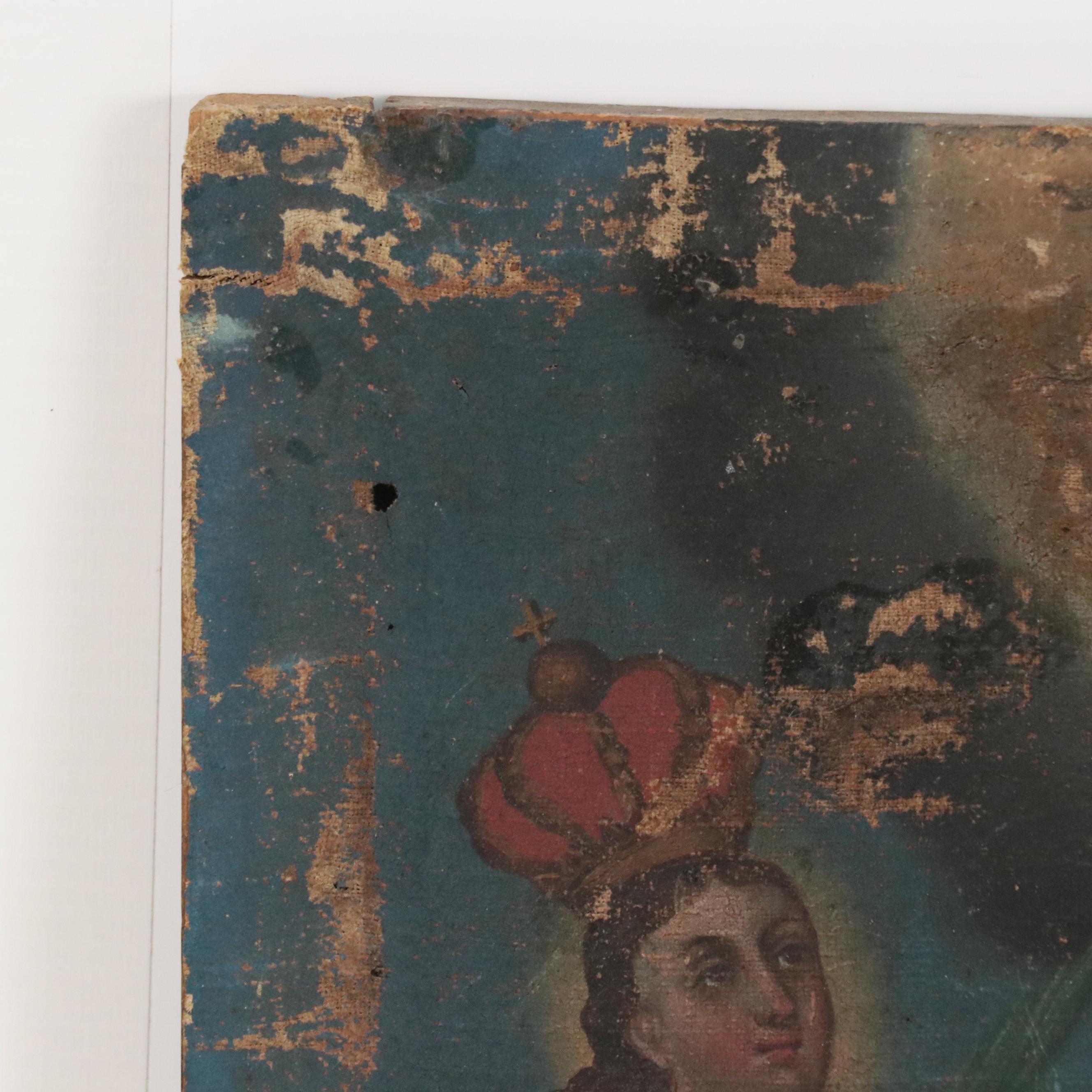 Spanish Colonial Retablo Painting of the Blessed Virgin, Christ and Holy Spirit