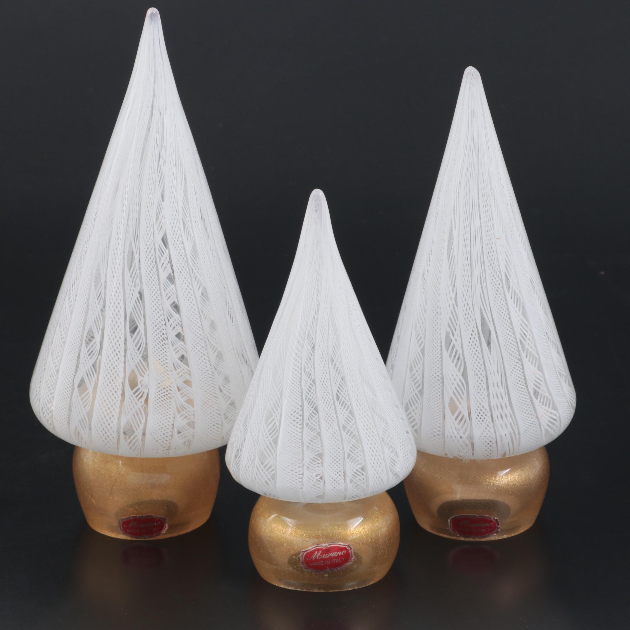 Murano Mid Century Modern Style White and Gold Art Glass Trees